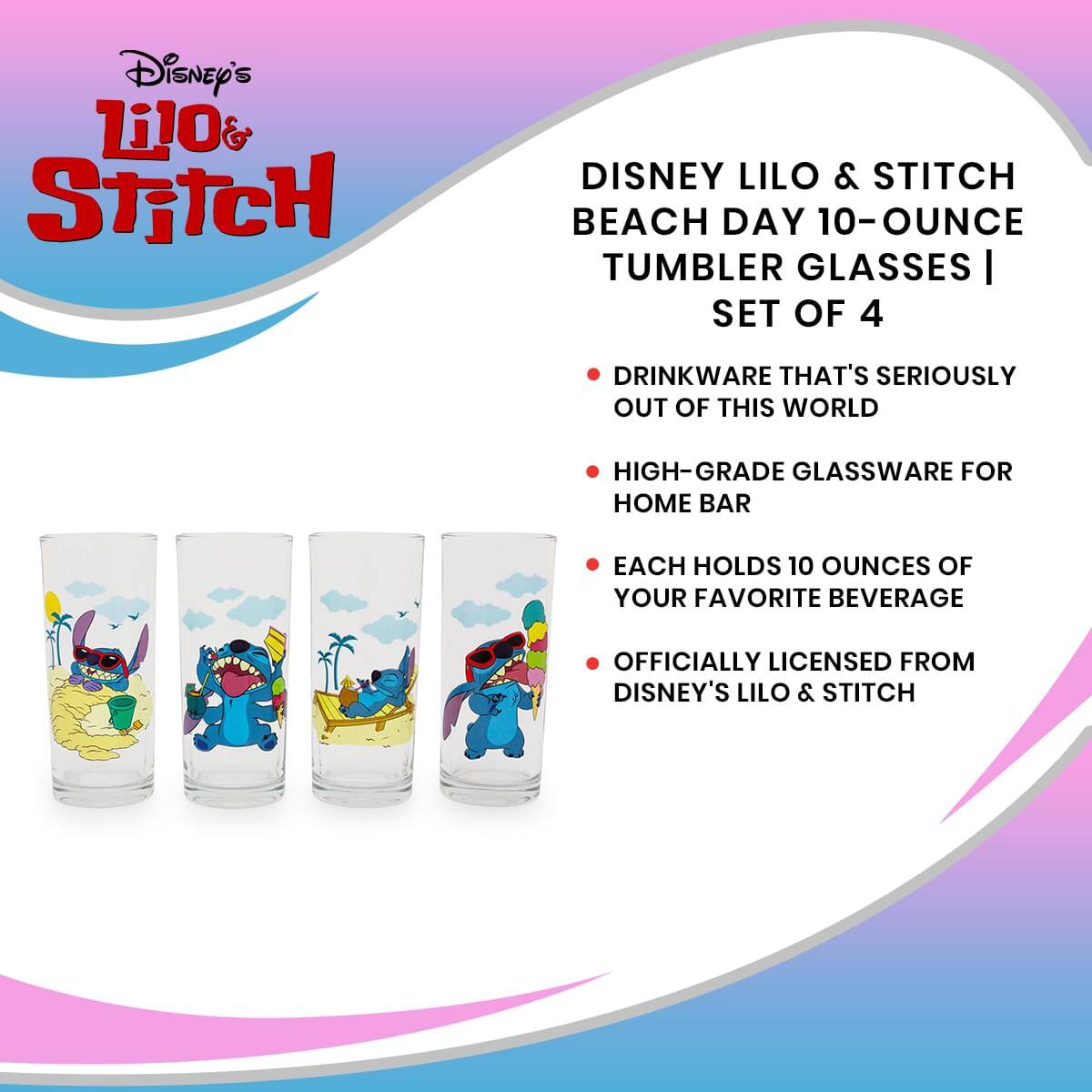 Disney's Lilo & Stitch

Disney Lilo & Stitch Beach Day 10-Ounce Tumbler Glasses | Set of 4

- Drinkware that's seriously out of this world
- High-grade glassware for home bar
- Each holds 10 ounces of your favorite beverage
- Officially licensed from Disney's Lilo & Stitch