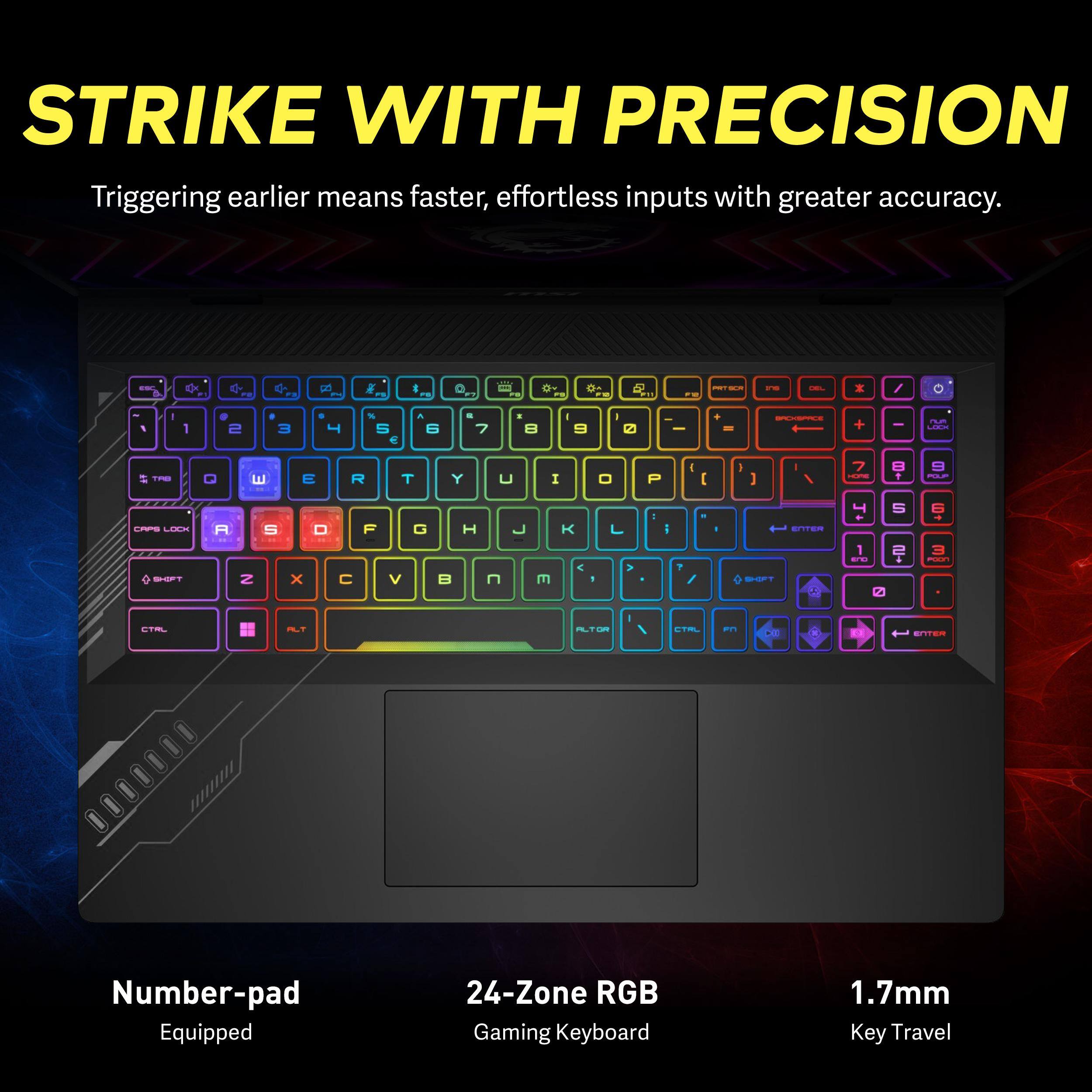 STRIKE WITH PRECISION  
Triggering earlier means faster, effortless inputs with greater accuracy.

CSC  
F2  
F3  
8 PM  
FS  
PD  
C  
U F12  
F3  
10  
12 #11  
F12  
PAT DCR  
178  
X  
0  
1  
0 2  
3  
4  
% 5  
A 6  
a 7  
E 8  
9  
0  
-  
+ !!!!

BACKSPACE  
+  

JOCK  
TAB CAPS LOCK SHIFT  
Q A  
E S 2  
E D X  
R F  
T G V  
Y H  
U J  
I < E  
O L > 1  
P  
I [ F ! /  
- - ] \ ENTER SHIFT  
7 8 HOME 1 4 5 1 S ENC 0  
9 PCLIF 6 + 3 POON  
CTRL  
ALT  
CTRL.

ENTER  
Number-pad Equipped  
24-Zone RGB Gaming Keyboard  
1.7mm Key Travel