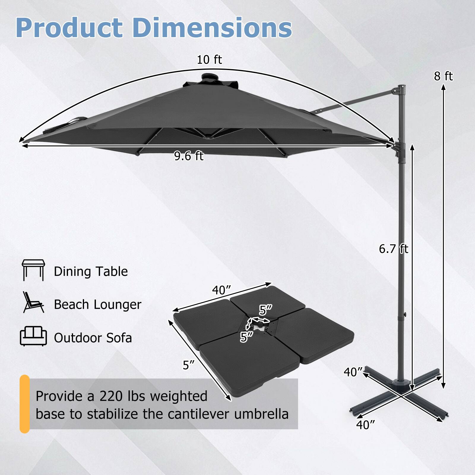 Product Dimensions

- 10 ft
- 9.6 ft
- 8 ft
- 6.7 ft

Dining Table
Beach Lounger
Outdoor Sofa

Provide a 220 lbs weighted base to stabilize the cantilever umbrella

40" x 40" x 5"