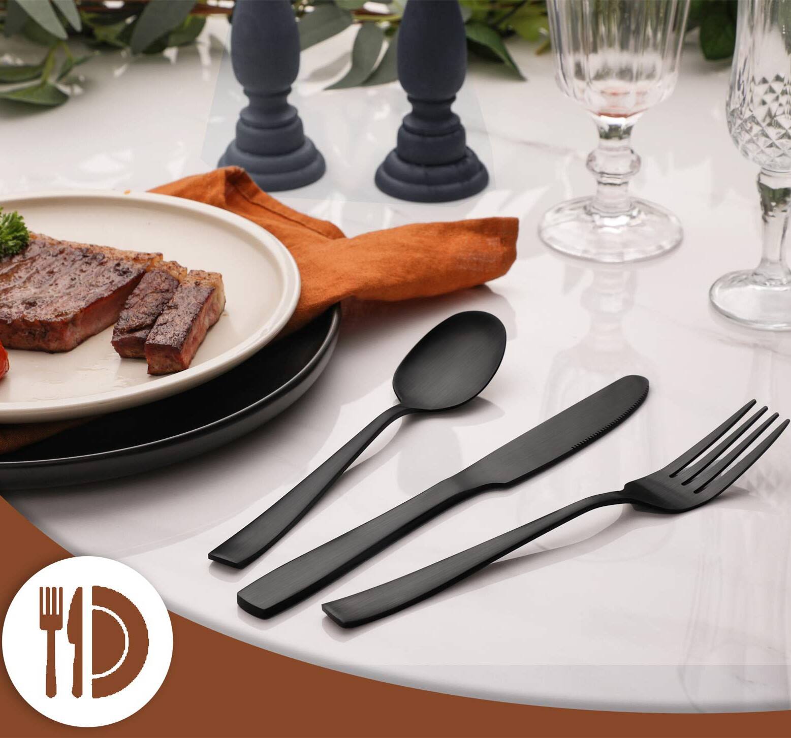 Alt View 1. Dazzed Corner - 24 Pieces Stainless Steel Flatware Set with Steak Knives, Silverware Set Service for 4 - Black.