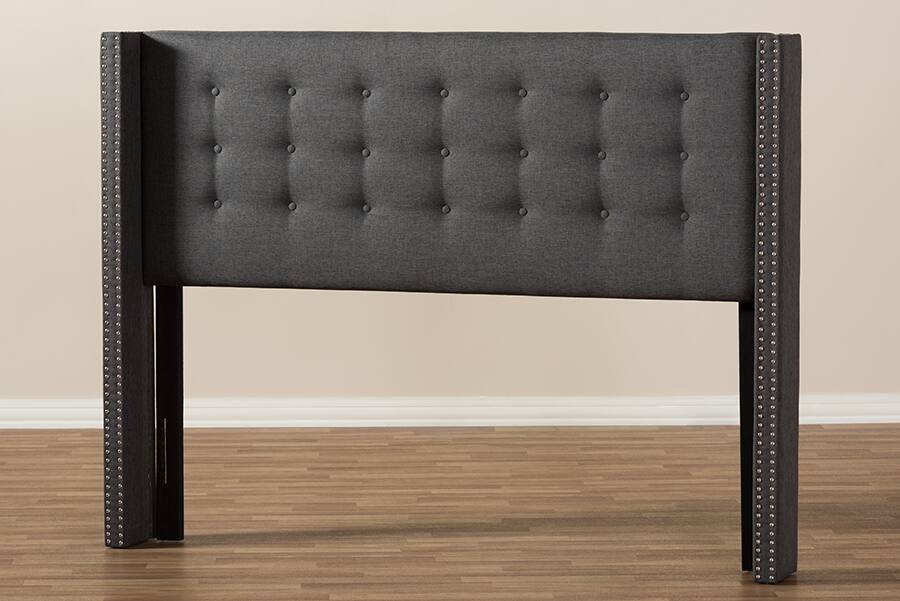 Alt View 1. Baxton Studio - Ginaro Modern And Contemporary Fabric Button-Tufted Nail head Queen Size Winged Headboard - Dark Grey.