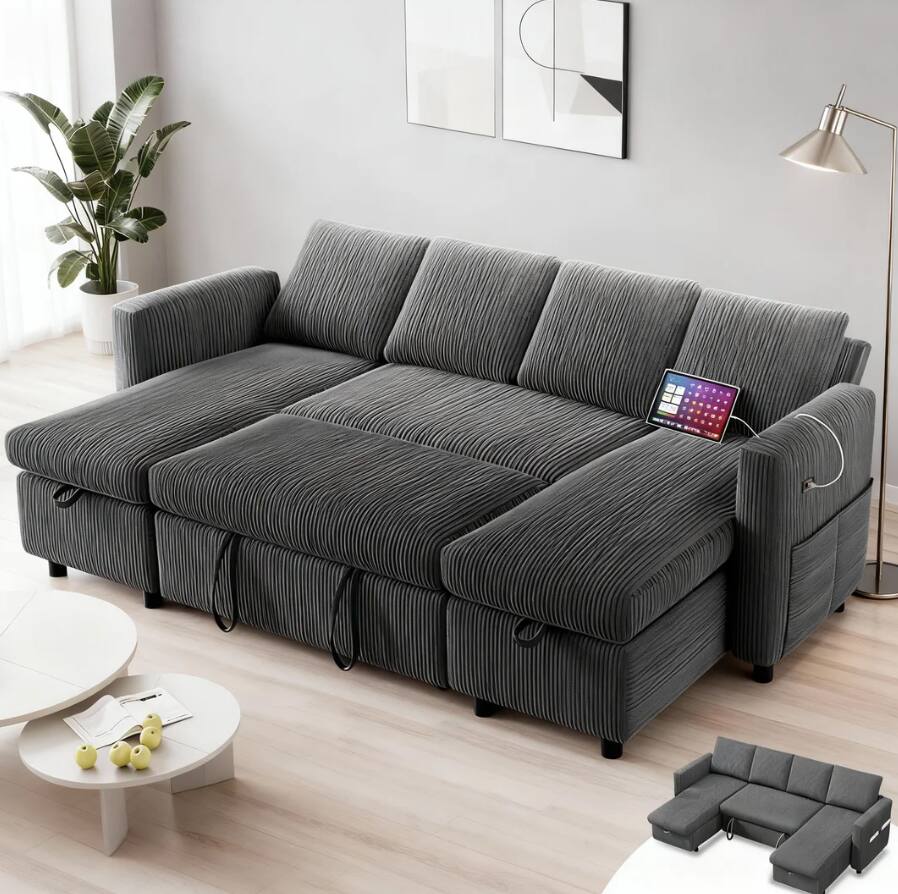 Front. Dyonery - 81" U Shaped Pull Out Couches for Living Room with Storage Chaise, USB Port&Cupholder - Grey.