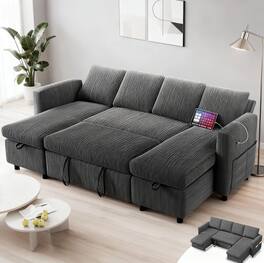 Dyonery - 81" U Shaped Pull Out Couches for Living Room with Storage Chaise, USB Port&Cupholder - Gray
