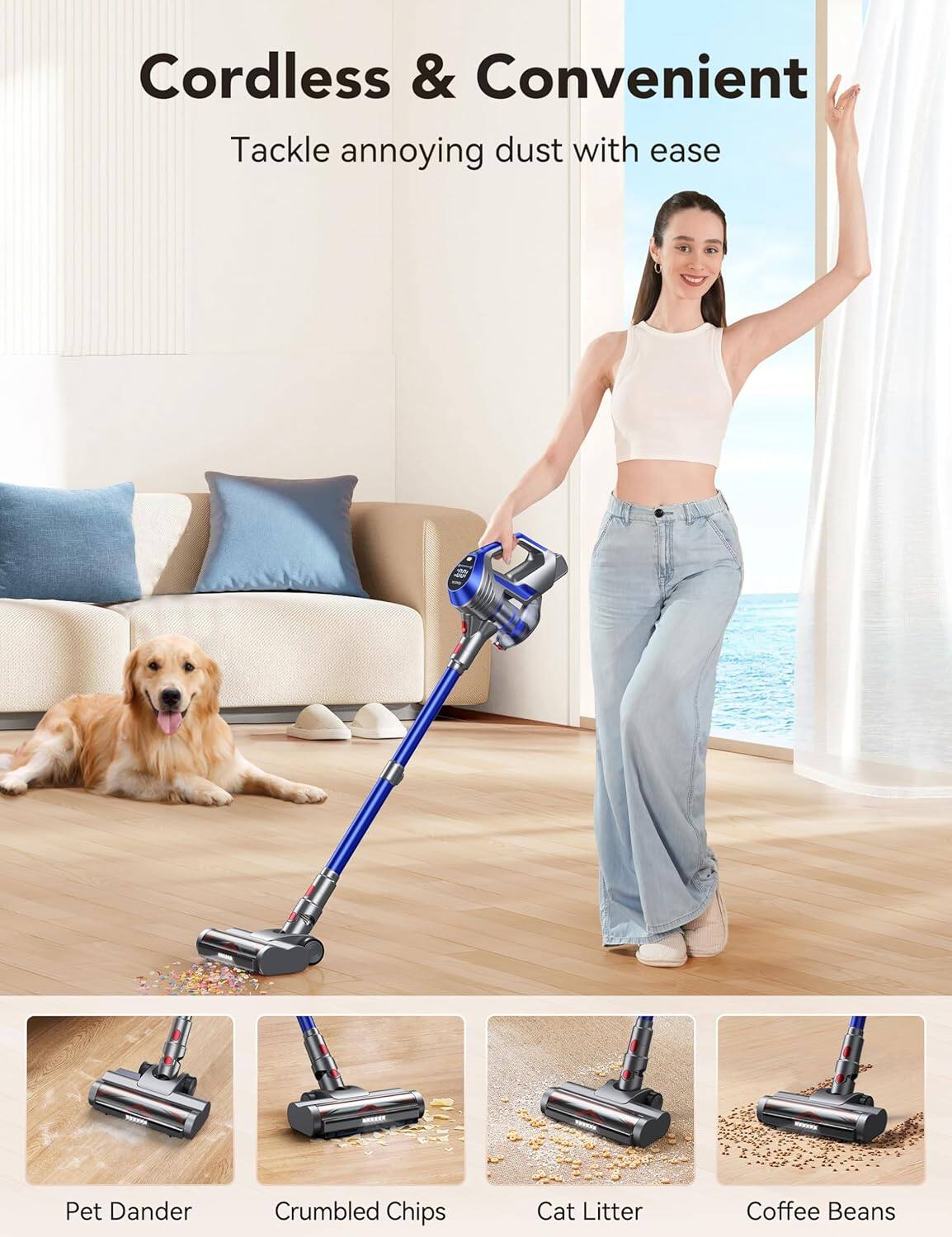 Cordless & Convenient, Tackle annoying dust with ease, Pet Dander, Crumbled Chips, Cat Litter, Coffee Beans