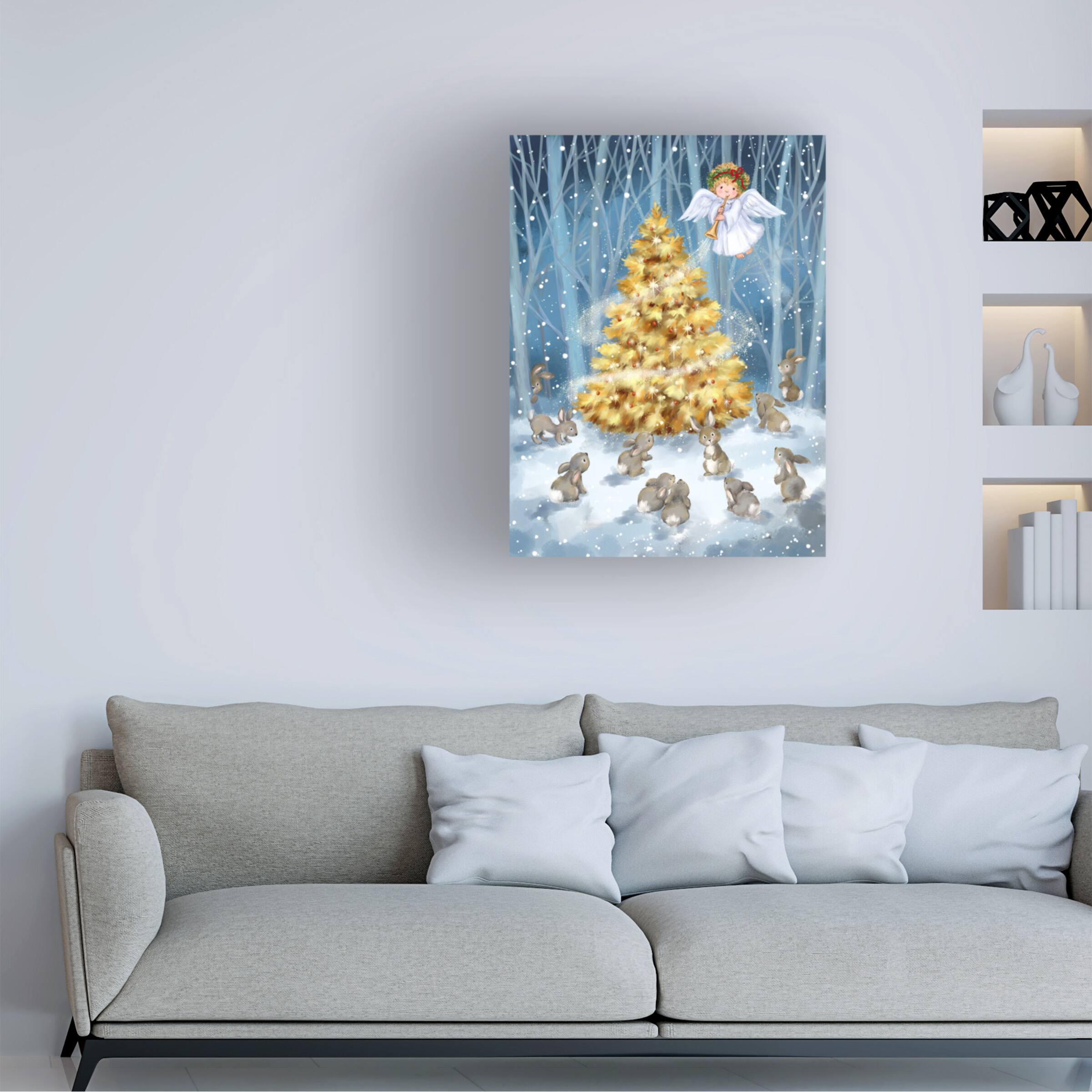 Angle. Trademark Fine Art - MAKIKO Angel With Christmas Tree Canvas Art - 14x19 - Multicolor.