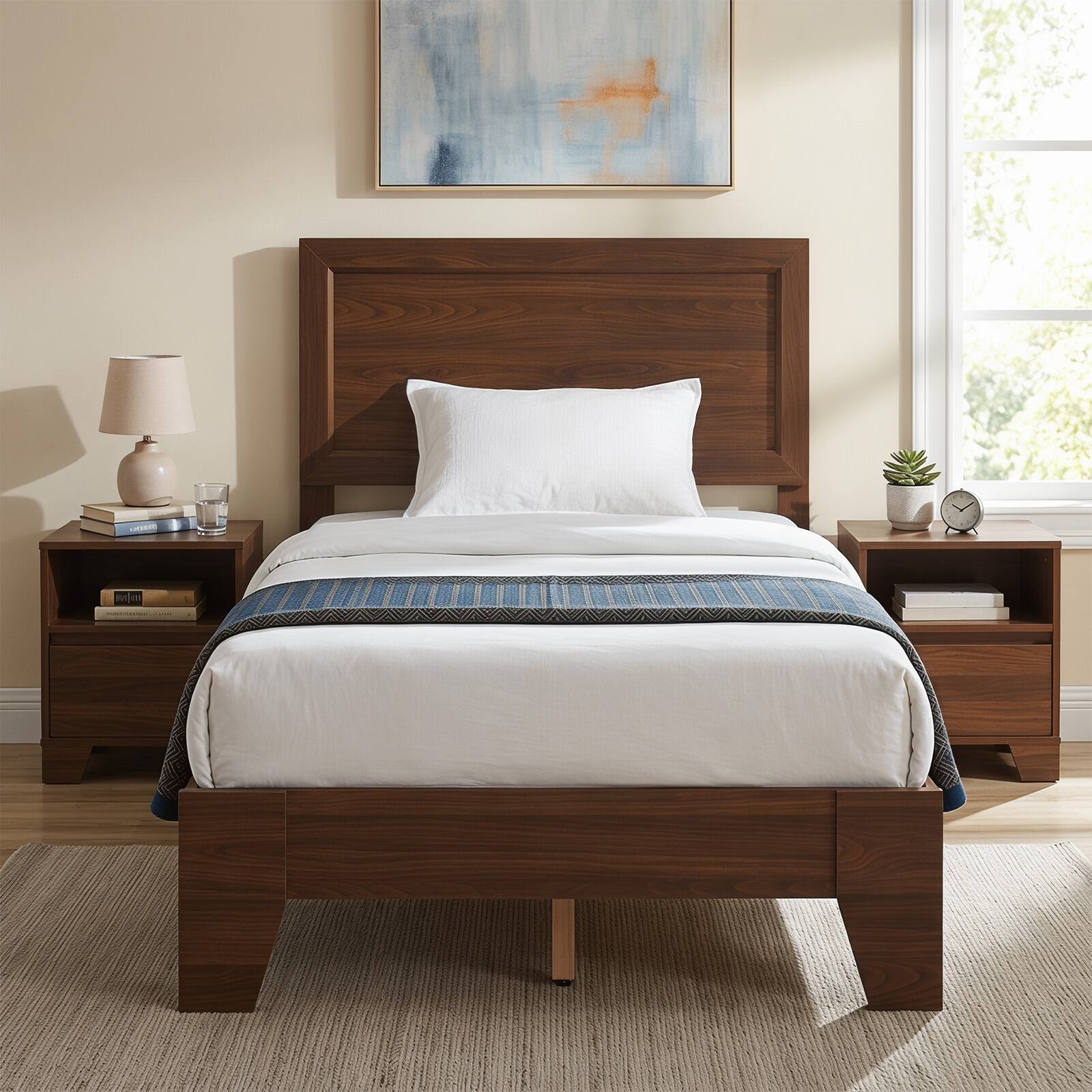 Alt View 3. Costway - Costway Twin Size Bed Frame, Mid-Century Platform Bed with Headboard, No Box Spring Needed - Walnut.
