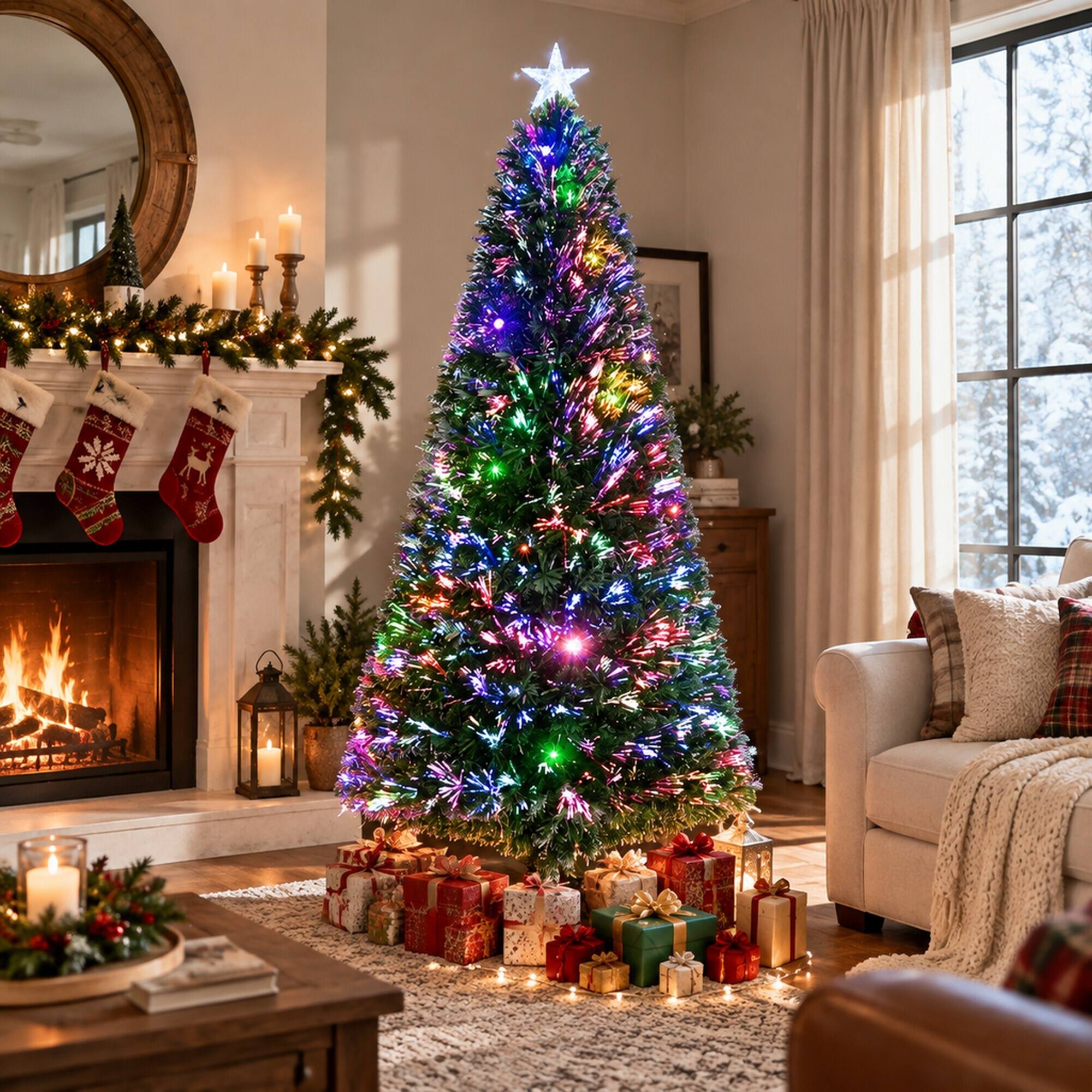 Angle. RYHNUYNE - Pre-Lit Fir Artificial Christmas Tree With Warm LED Lights and Realistic Branches - Green.