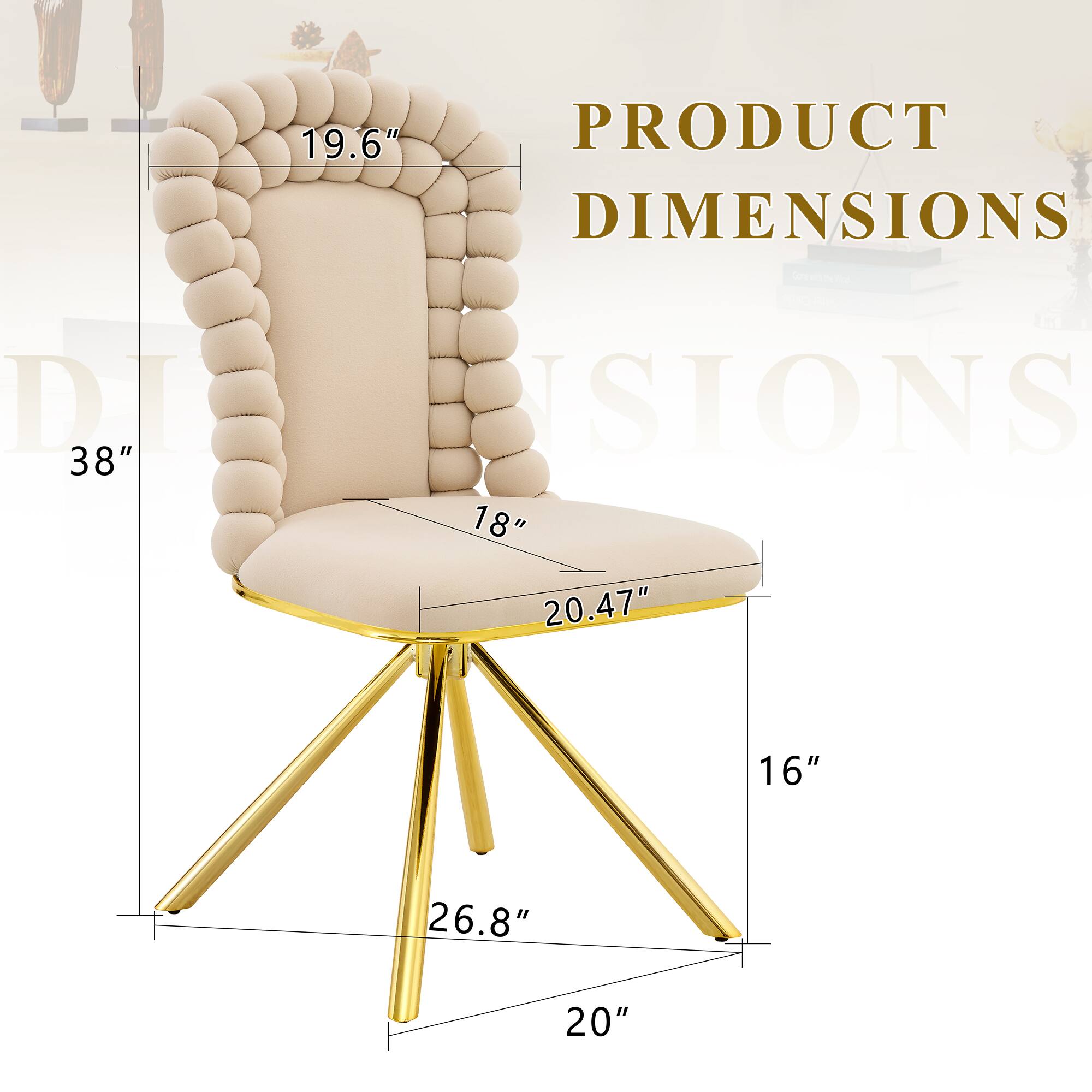 19.6" PRODUCT DIMENSIONS  
38"  
18"  
20.47"  
16"  
26.8"  
20"