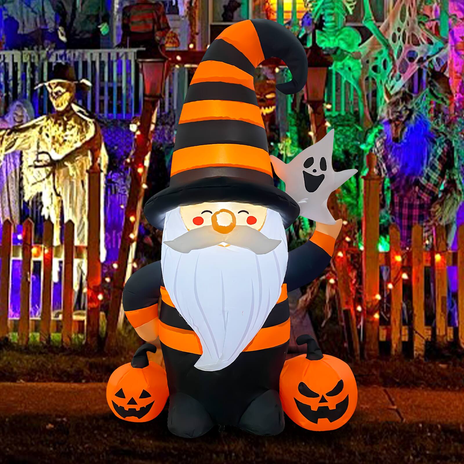 Left. GOOSH Inflatables - GOOSH 5FT Inflatable Halloween Gnome with Pumpkins and Ghost – Light-Up Yard Decoration - Orange.
