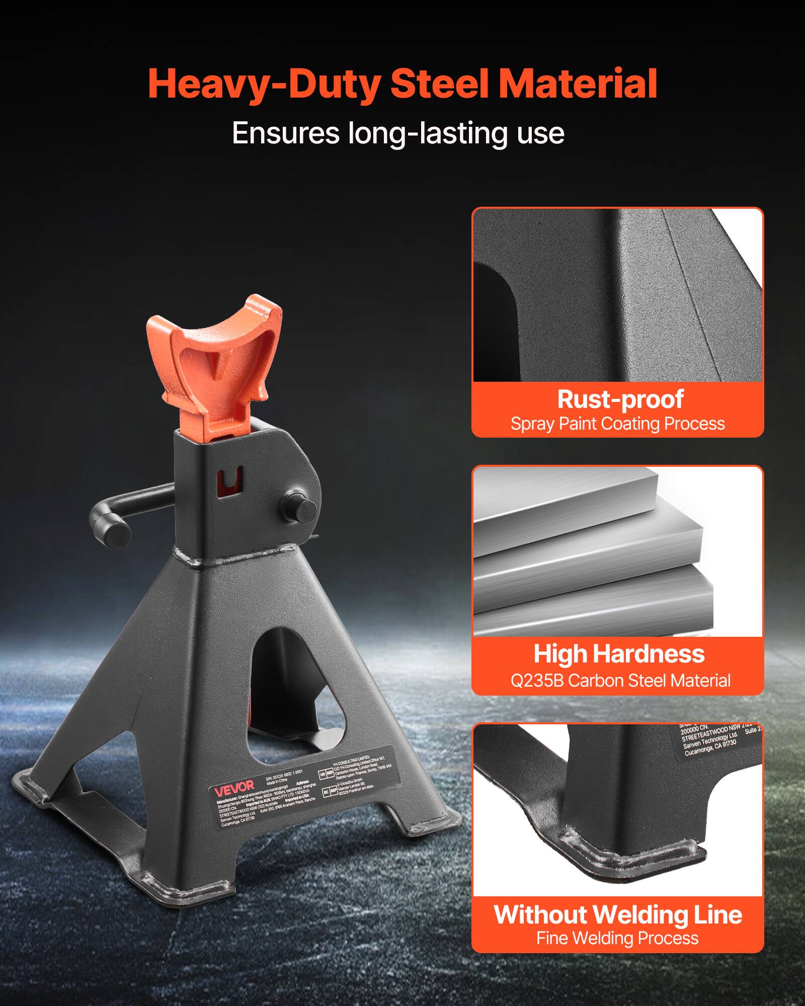 Heavy-Duty Steel Material  
Ensures long-lasting use  

Rust-proof  
Spray Paint Coating Process  

High Hardness  
Q235B Carbon Steel Material  

Without Welding Line  
Fine Welding Process