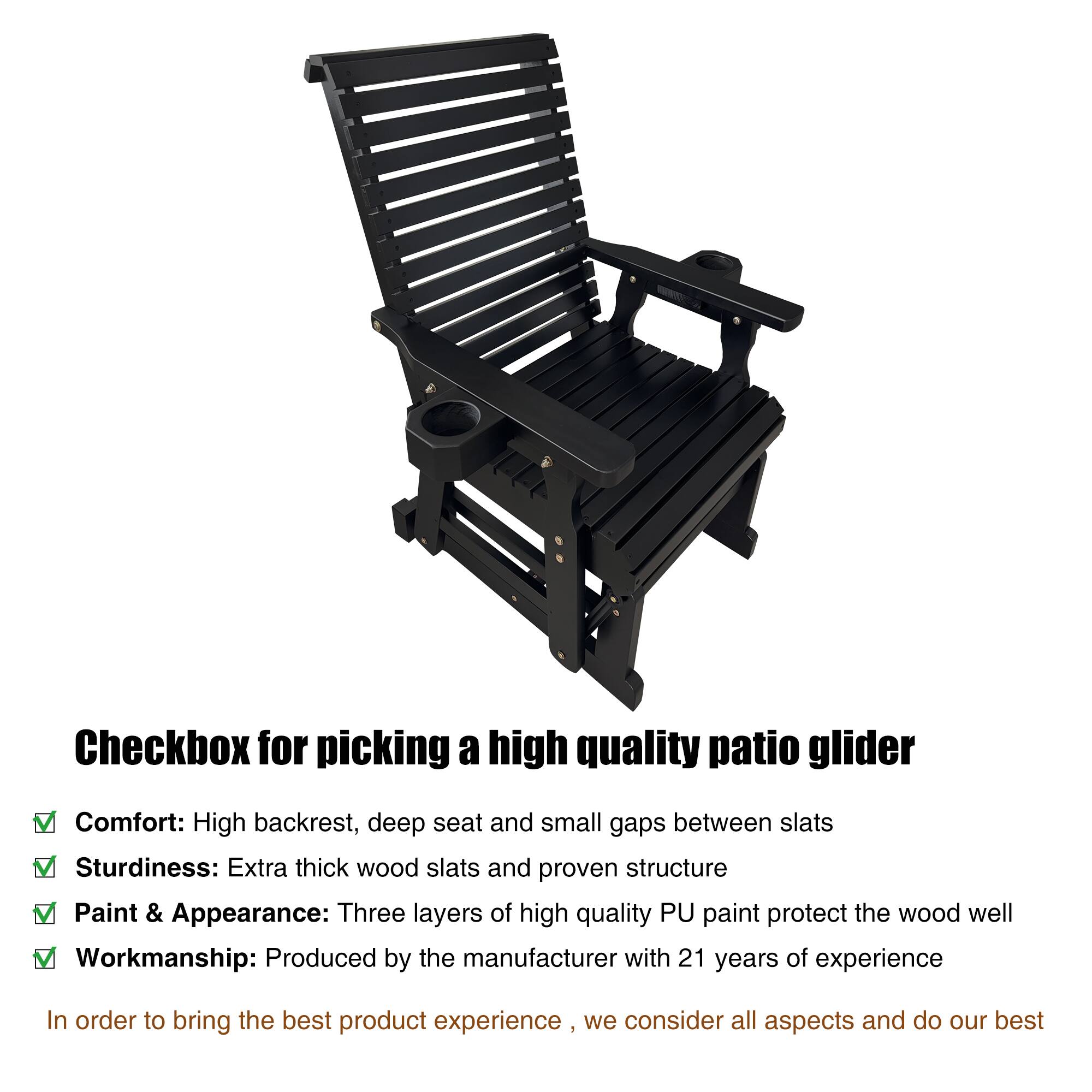 Back. Fortune Candy - Wooden Patio Glider w/High Back & Deep Contoured Seat, Solid Fir Wood, Heavy-Duty 600 lbs(1 Searter, 2 Pack) - Black.