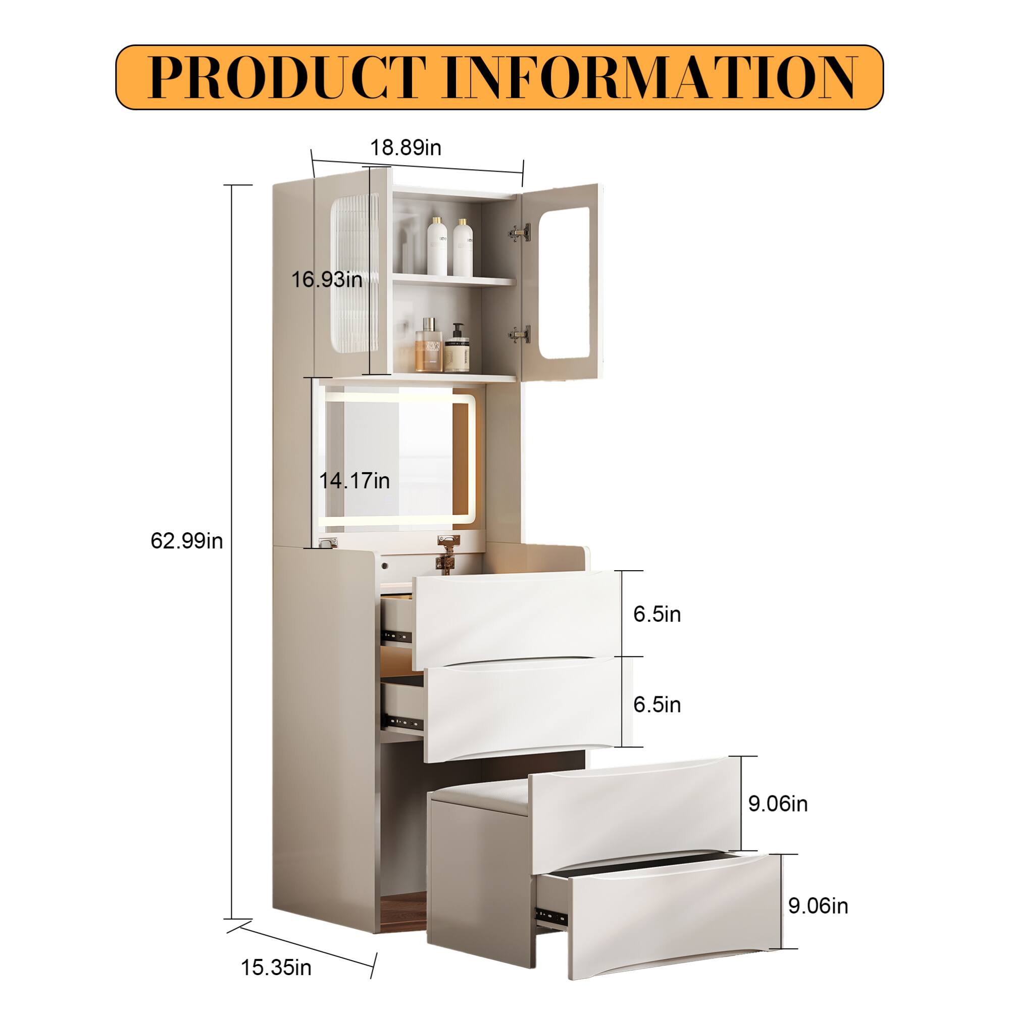 PRODUCT INFORMATION

- Height: 62.99in
- Width: 18.89in
- Depth: 15.35in
- Cabinet Height: 16.93in
- Cabinet Depth: 14.17in
- Drawer Height: 6.5in
- Drawer Depth: 6.5in
- Sink Height: 9.06in
- Sink Depth: 9.06in