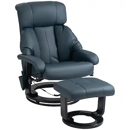 Front. Homcom - Massage Recliner with Ottoman: 360° Swivel Footstool, 10 Vibration Point PU Reclining Chair w/Remote - Blue.