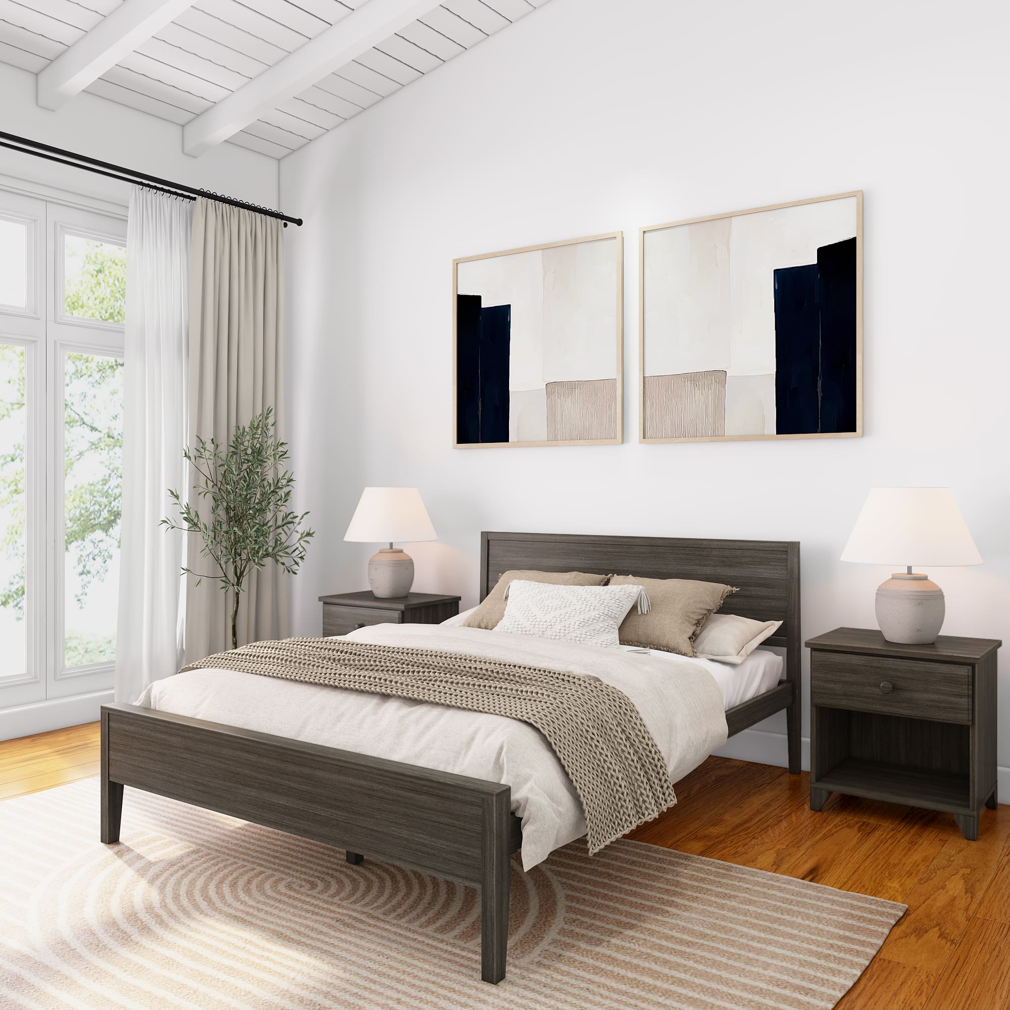 Plank+Beam - Queen-Size Bed with Panel Headboard, Clay - Clay
