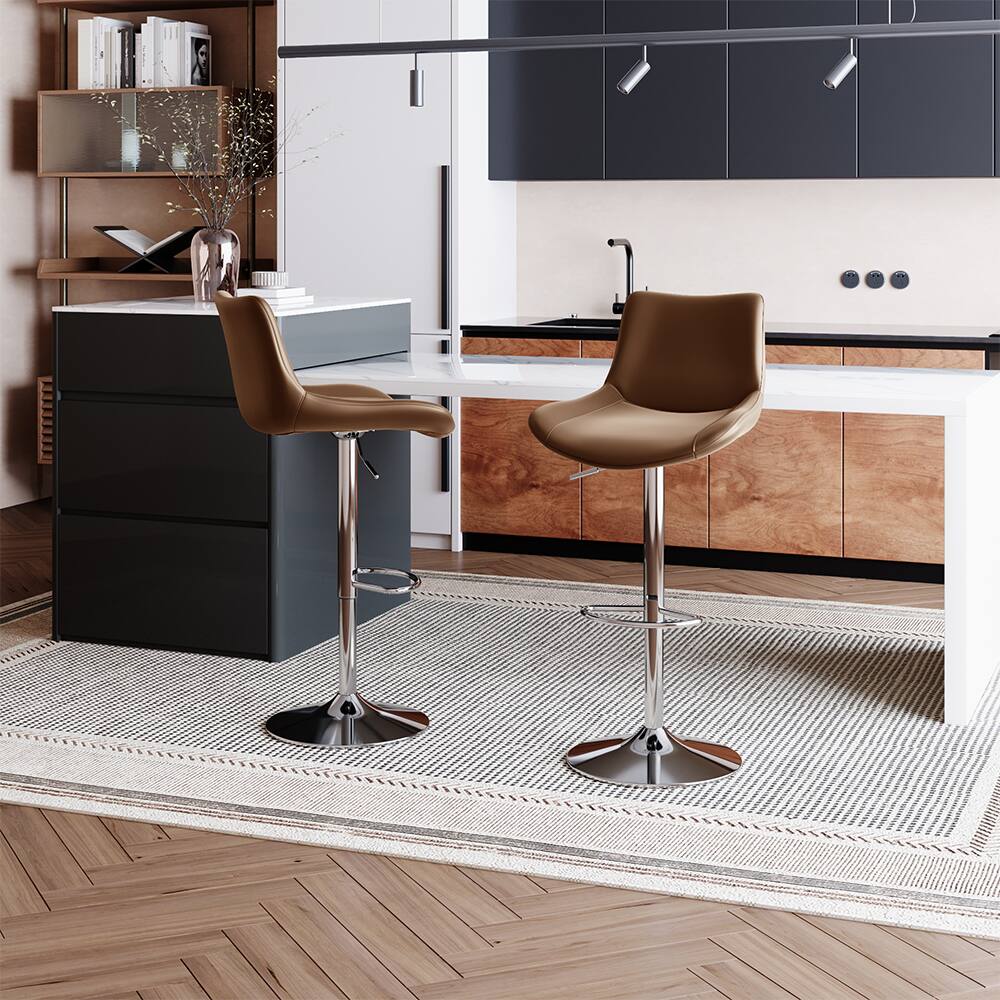 Left. POVISON - Modern Minimalist Adjustable Height Swivel Faux Leather Bar Stools Set of 2, Brown Bar Chairs for Kitchen Island - Brown PU Leather.