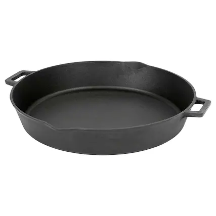 Front. Bayou Classic - Bayou Classic 16 Inch Double Handled Cast Iron Skillet with Pour Spouts, Black - Black.