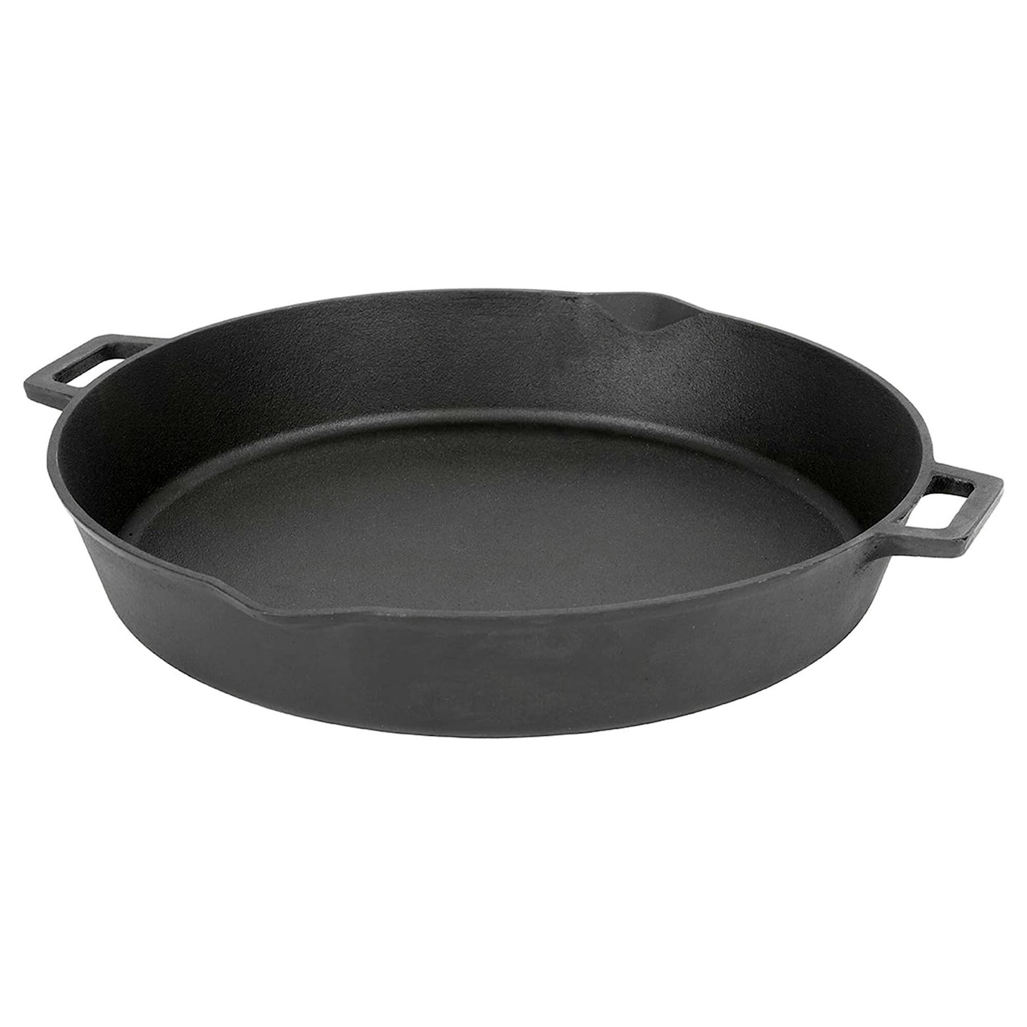 Front. Bayou Classic - Bayou Classic 16 Inch Double Handled Cast Iron Skillet with Pour Spouts, Black - Black.