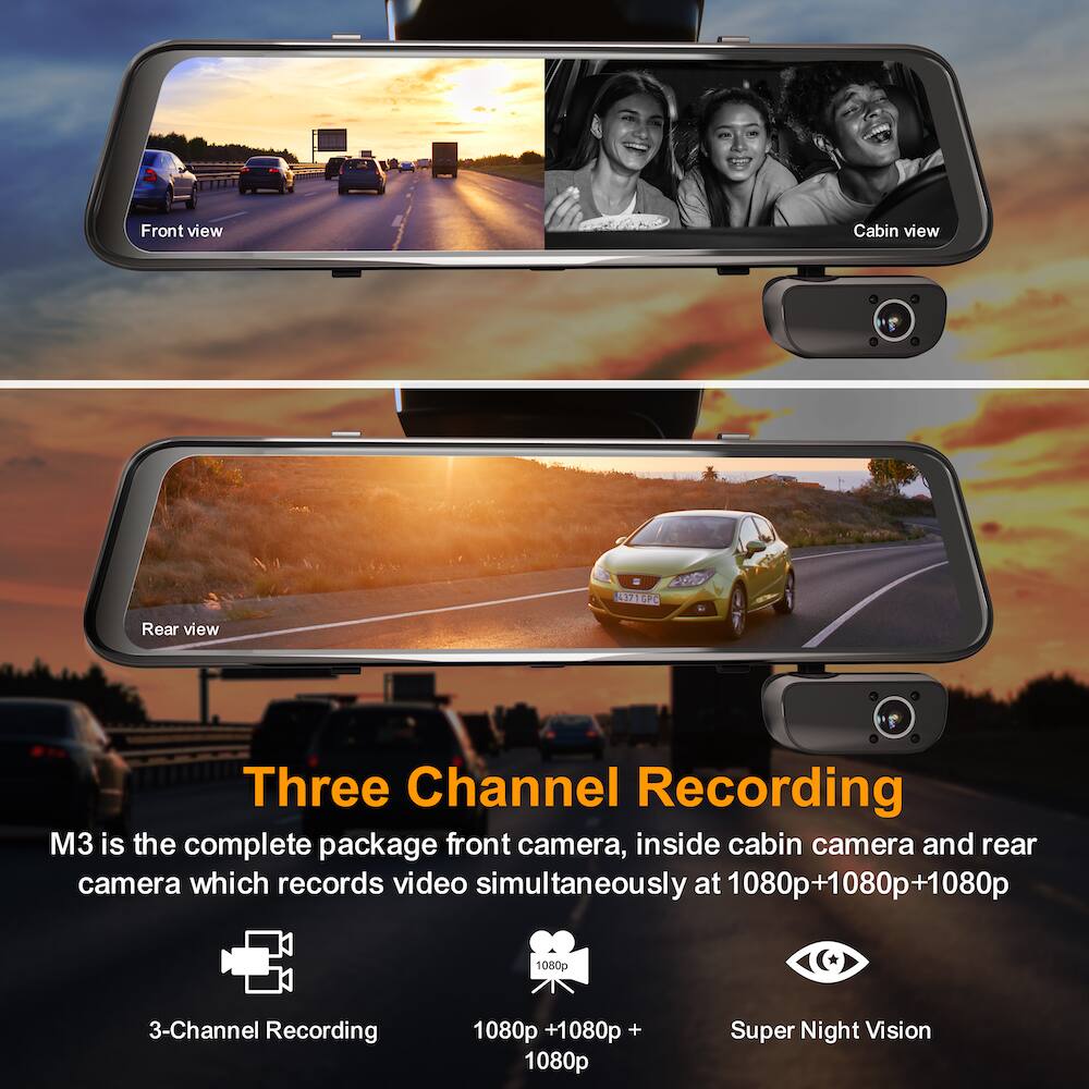 Three Channel Recording

M3 is the complete package front camera, inside cabin camera and rear camera which records video simultaneously at 1080p+1080p+1080p

- 3-Channel Recording
- 1080p + 1080p + 1080p
- Super Night Vision