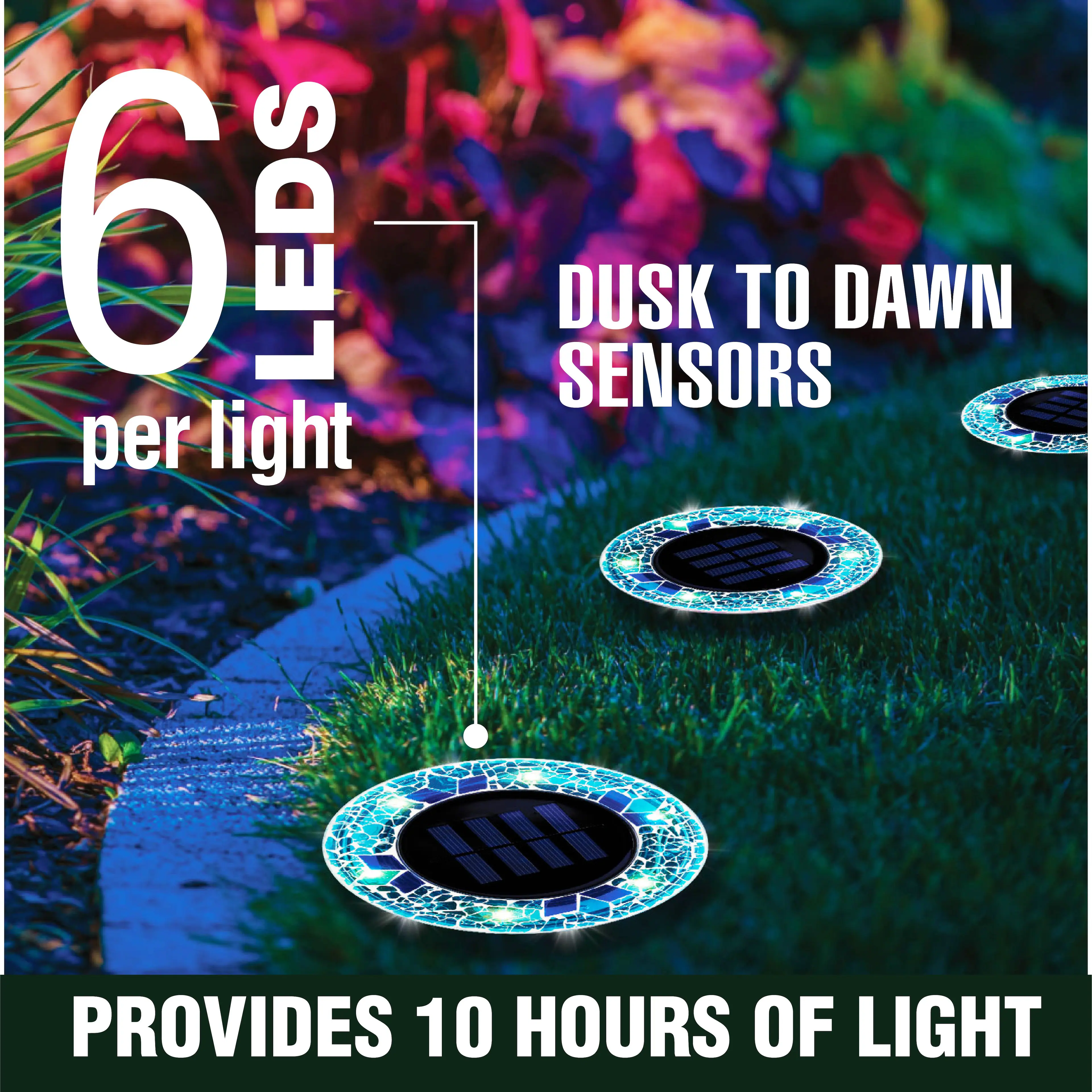 6 LEDs per light  
DUSK TO DAWN SENSORS  
PROVIDES 10 HOURS OF LIGHT