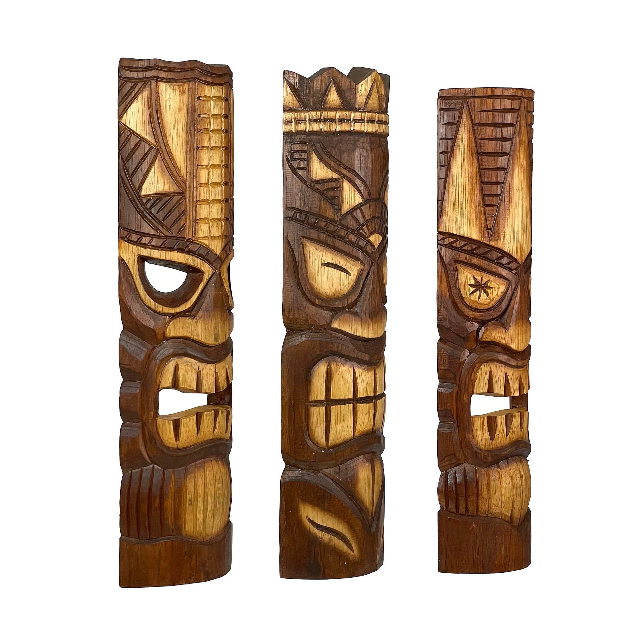 Alt View 1. Zeckos - 20 Inch Carved Wood Tiki God Masks Tropical Beach Hawaiian Home Decor Set of 3 - Brown.
