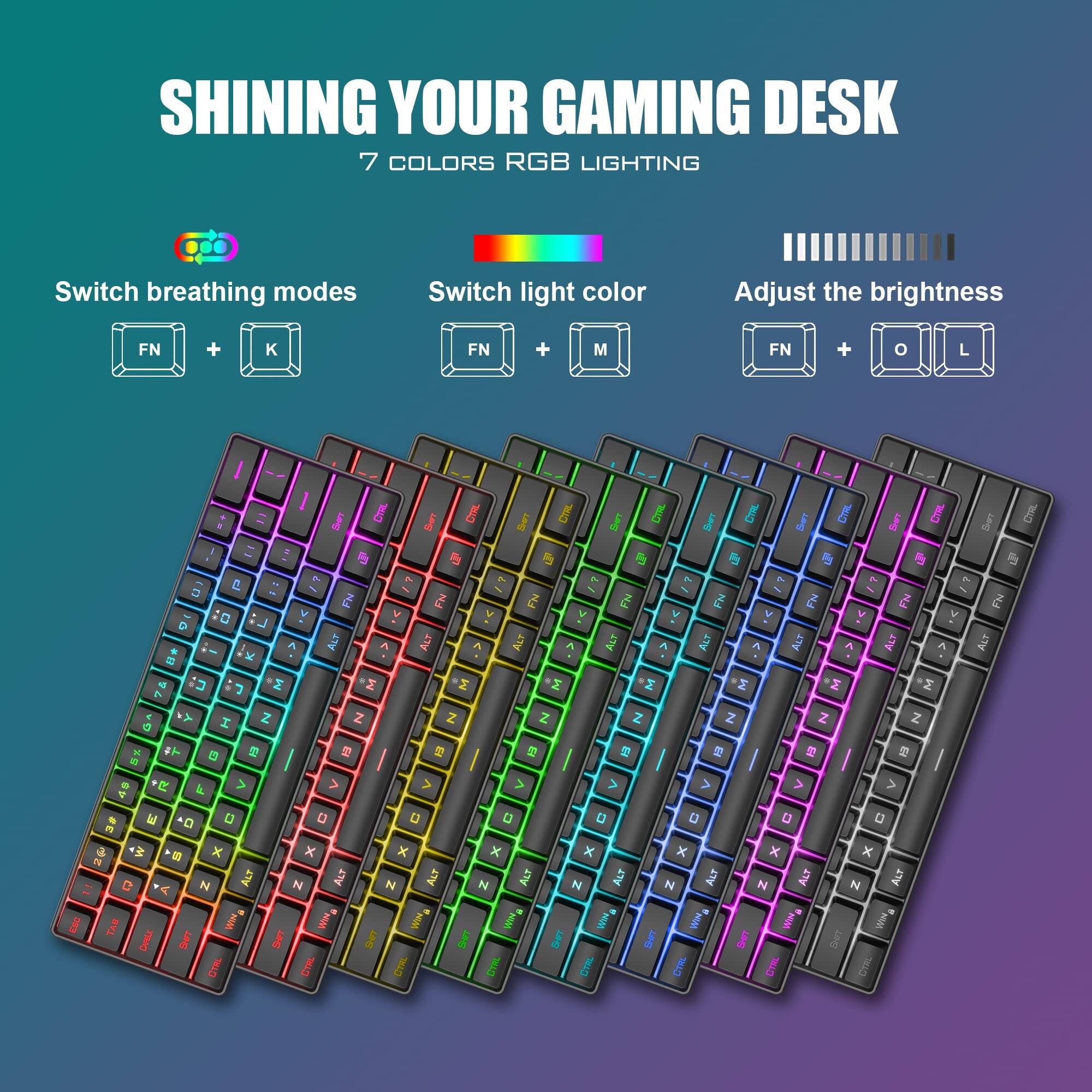 SHINING YOUR GAMING DESK  
7 COLORS RGB LIGHTING  

Switch breathing modes  
FN + K  

Switch light color  
FN + M  

Adjust the brightness  
FN + O L