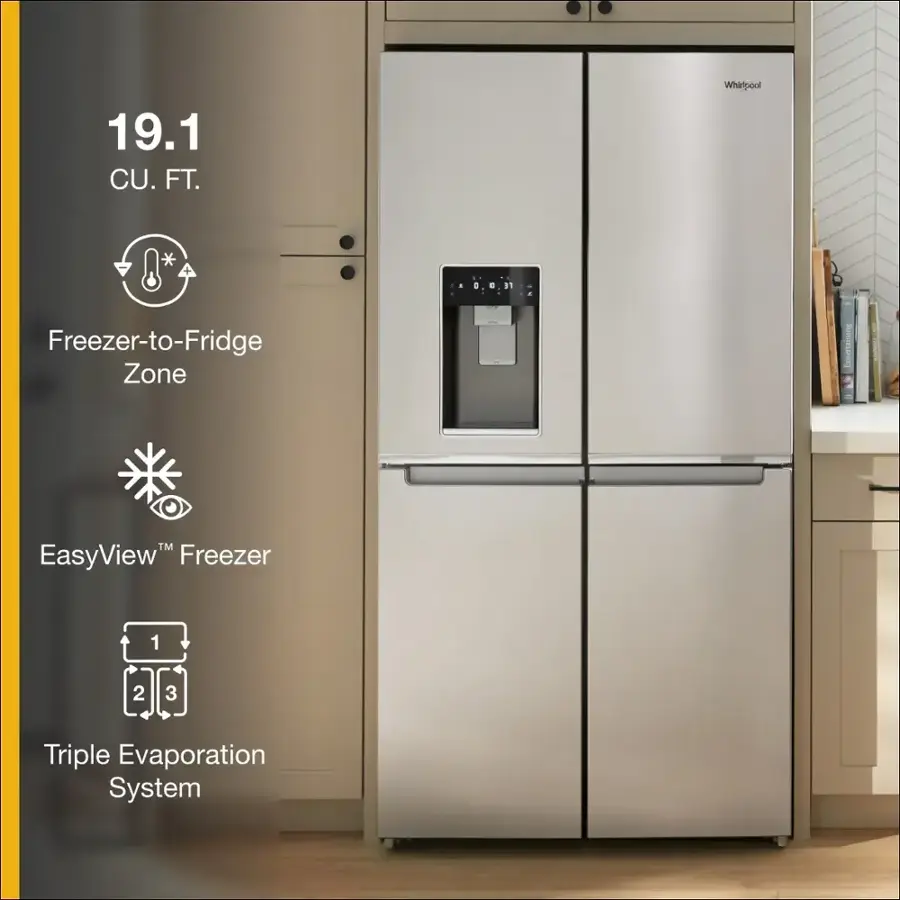 The text on the image is grouped and corrected as follows:

19.1 CU. FT. Whirpool . E a Freezer-to-Fridge Zone Entertaining TM EasyView Freezer 1 2 3 Triple Evaporation System