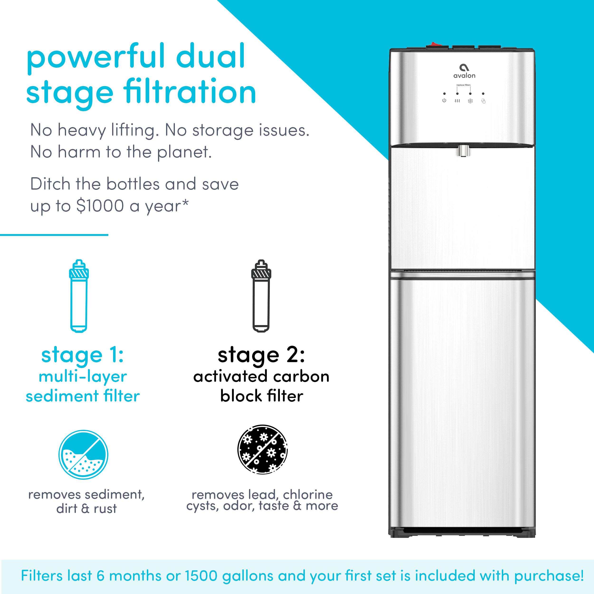 powerful dual stage filtration  
No heavy lifting. No storage issues. No harm to the planet.  
Ditch the bottles and save up to $1000 a year*  

avalon + O u ar i  

stage 1:  
multi-layer sediment filter  
removes sediment, dirt & rust  

stage 2:  
activated carbon block filter  
removes lead, chlorine cysts, odor, taste & more  

Filters last 6 months or 1500 gallons and your first set is included with purchase!