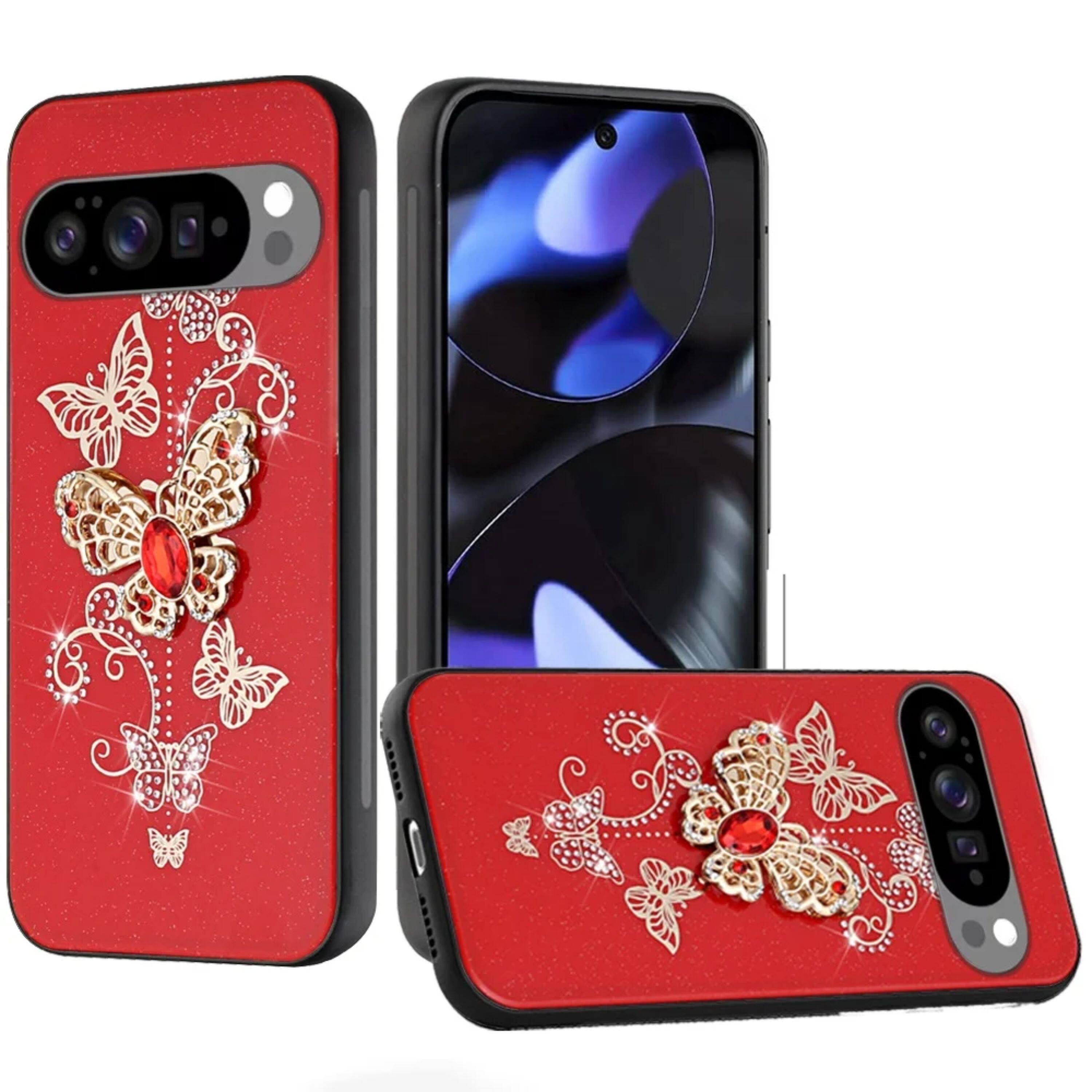 Kitcheniva - Luxury Rhinestone Bling Case With Tempered Glass For Google Pixel 10 / 10 Pro Garden Butterflies Red - Multicolor price history on PriceWatchPro