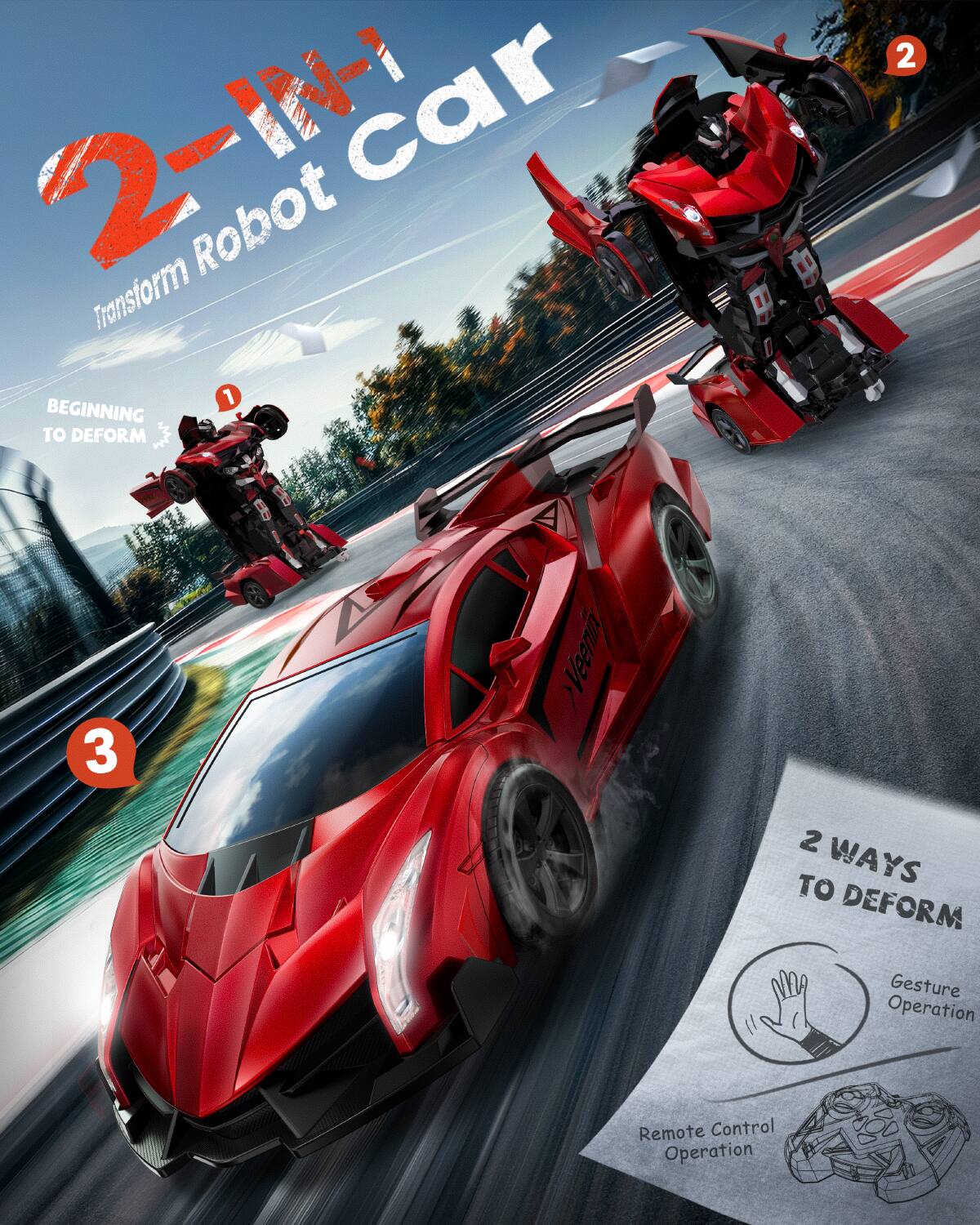 2-IN-1 Transform Robot Car

1. BEGINNING TO DEFORM
2. 
3. 

2 WAYS TO DEFORM
- Gesture Operation
- Remote Control Operation