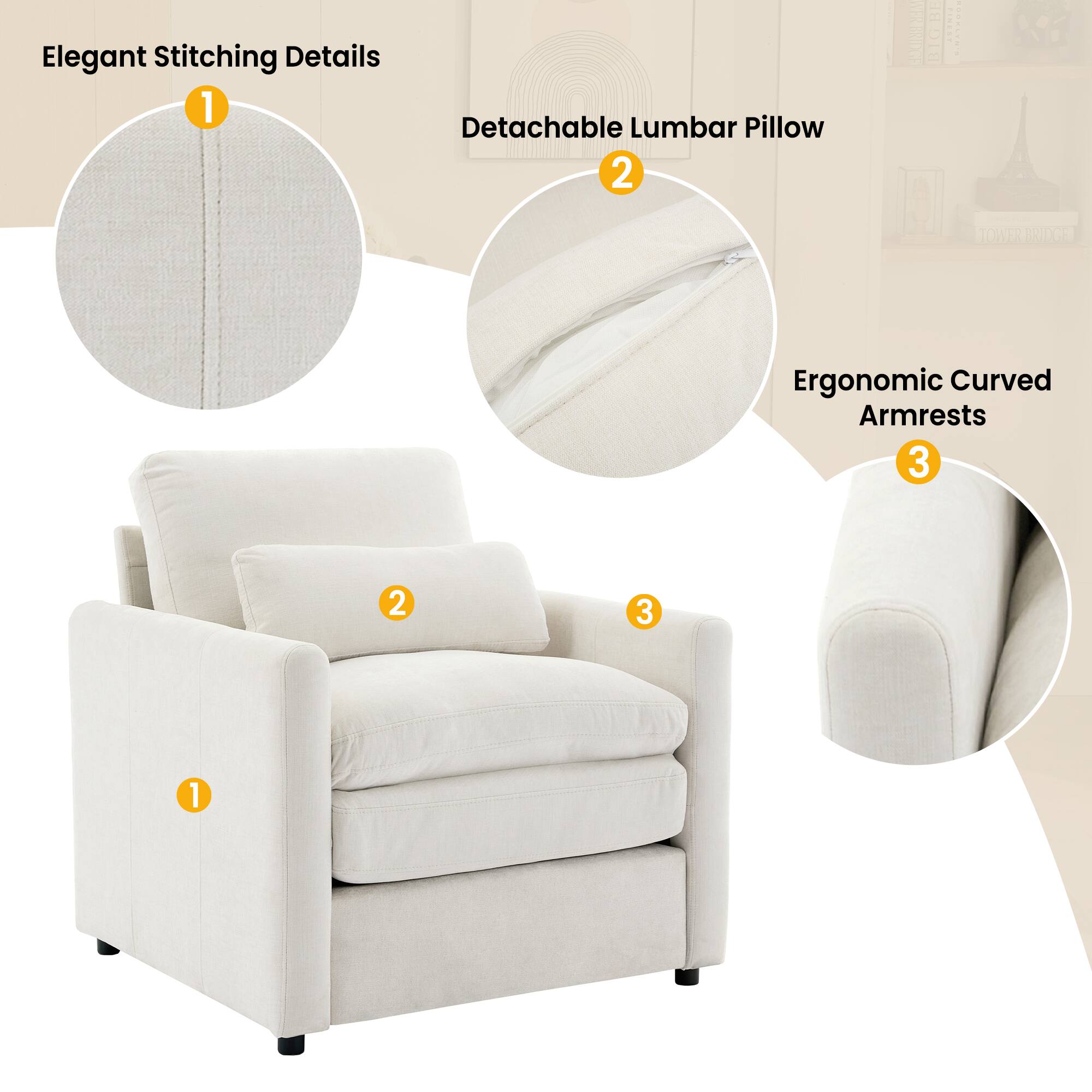 1. Elegant Stitching Details
2. Detachable Lumbar Pillow
3. Ergonomic Curved Armrests