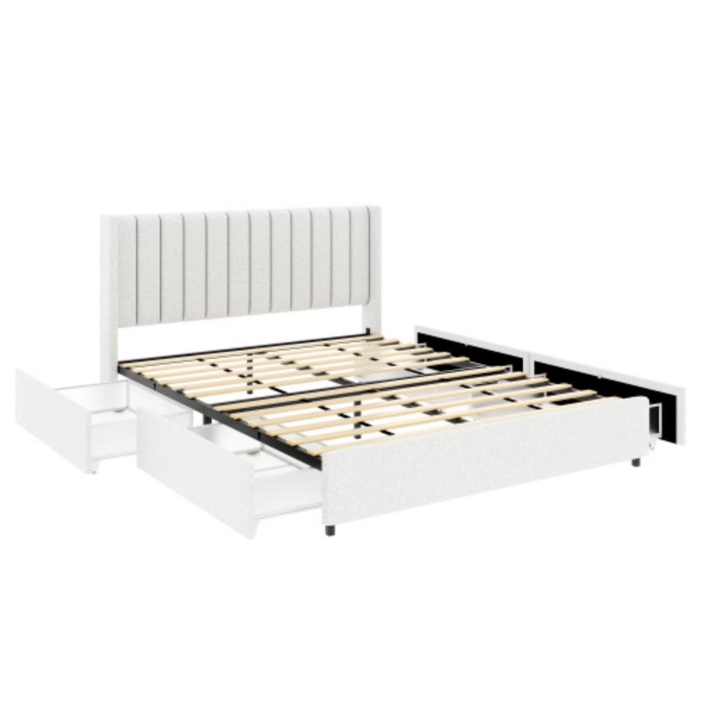 Alt View 1. LUCKY ONE - Queen Size Ivory Boucle Upholstered Platform Bed with Patented 4 Drawers Storage, Tufted Headboard, Wooden Slats - Ivory.