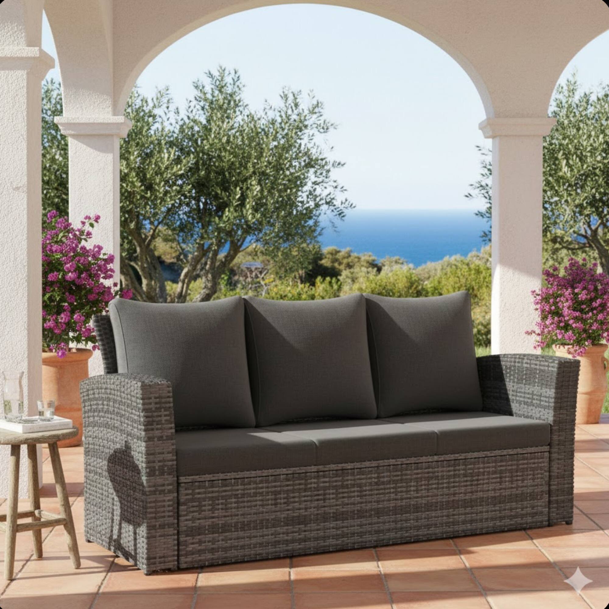 Angle. Mondawe - 67.7" All-Weather Wicker 3-Seat Patio Sofa with Thick Cushions & Black Frame - Black.