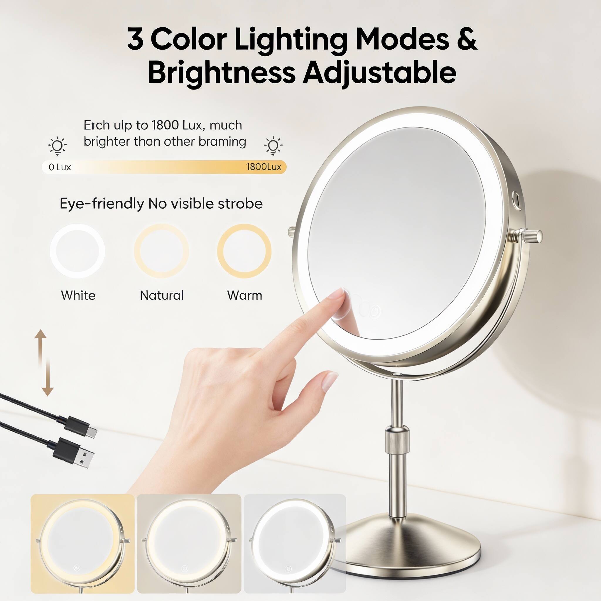 3 Color Lighting Modes & Brightness Adjustable

Ercch up to 1800 Lux, much brighter than other braming

Eye-friendly No visible strobe

White Natural Warm