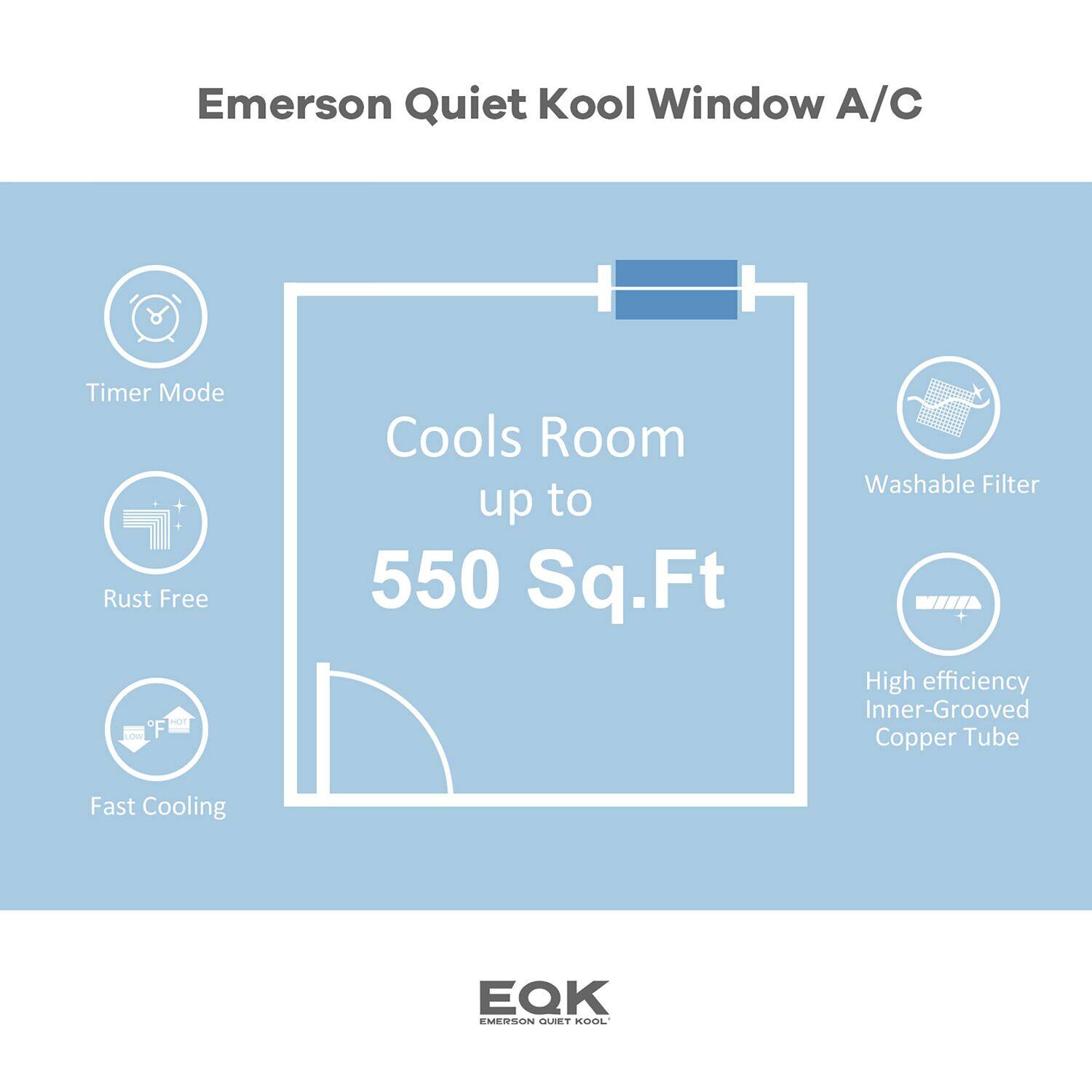 Emerson Quiet Kool Window A/C is an efficient and reliable cooling solution for rooms up to 550 square feet. The timer mode allows for customizable cooling, while the rust-free and washable filter ensures clean and hygienic air circulation. The high-efficiency inner-grooved copper tube provides fast cooling, making it an ideal choice for those looking for a comfortable and energy-saving air conditioning unit.