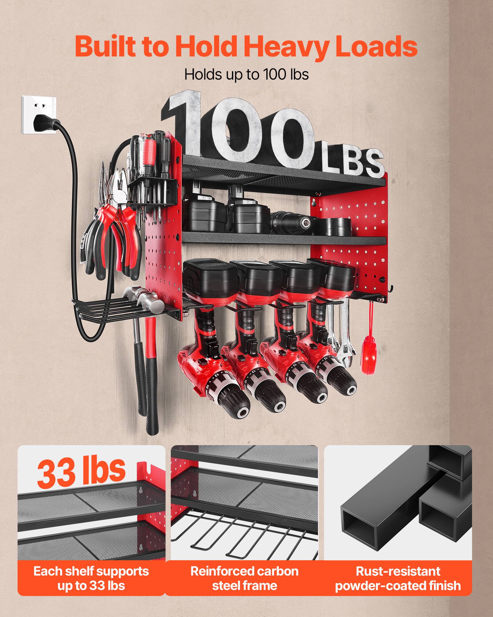 Built to Hold Heavy Loads  
Holds up to 100 lbs  

Each shelf supports up to 33 lbs  

Reinforced carbon steel frame  

Rust-resistant powder-coated finish