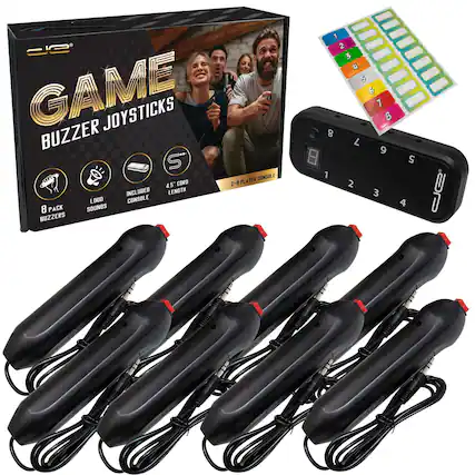 GAME BUZZER JOYSTICKS
8 PACK BUZZERS
LOUD SOUNDS
INCLUDED CONSOLE
4.5" CORD LENGTH
2-0 PLAYER CONSOLE
8 PACK SOUNDS BUZZERS
1 2 3 4 5 6 7 8
1 2 3 4 5 6 7 8