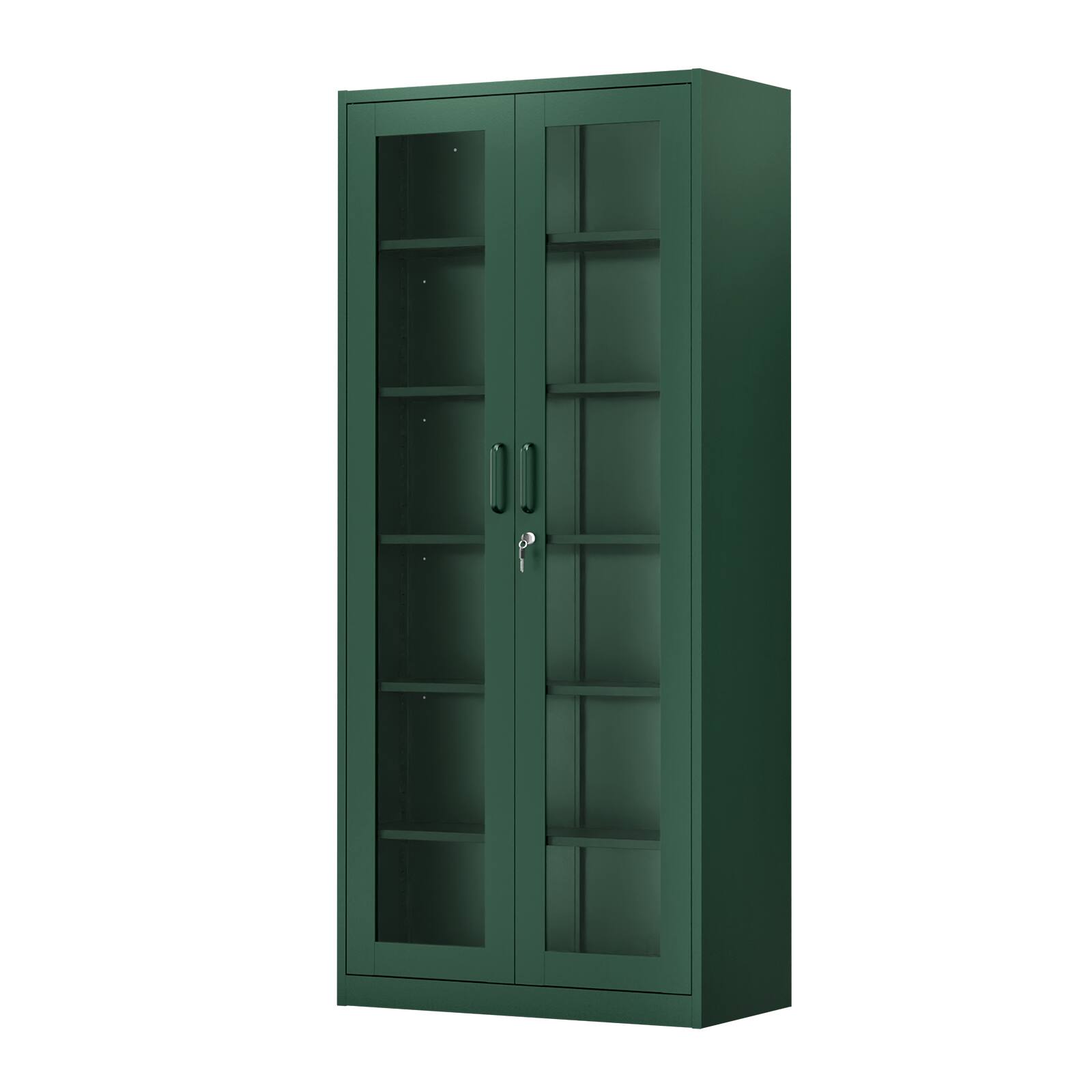Angle. Winado - Heavy Duty 71" Tall Lockable Display Cabinet with Glass Doors & 5 Adjustable Shelves & Secure Locking System for Office - Dark Green.