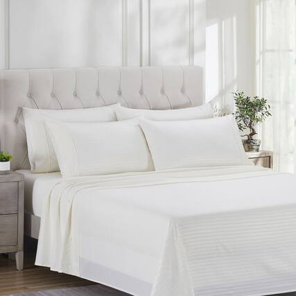 Front. Sweet Home Collection - 4 Piece Embossed Dobby Stripe Sheet Set, Double Brushed Microfiber, Twin - Beige.