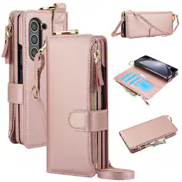 Dteck - Crossbody Wallet Case for Samsung Galaxy Z Fold5,Ring Holder Card Slot Zipper Pocket PU Leather Flip Cover + Wrist Strap - Rosegold