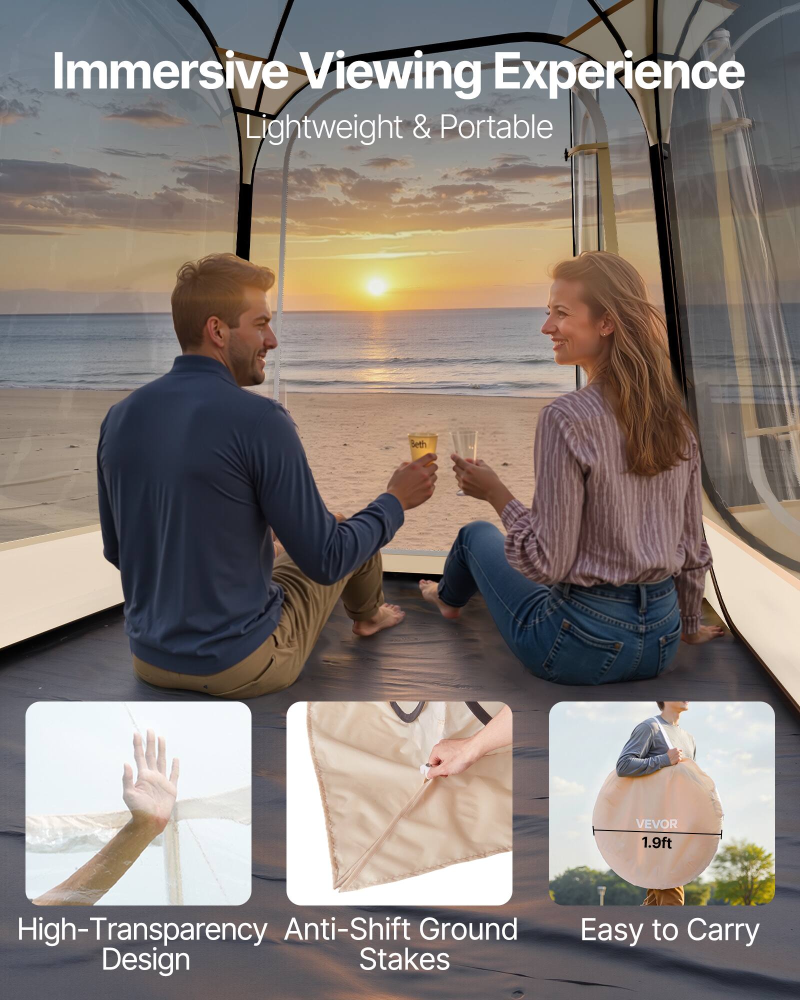 Immersive Viewing Experience  
Lightweight & Portable  

High-Transparency Anti-Shift Design  
Anti-Shift Ground Stakes  
Easy to Carry  

VEVOR 1.9ft