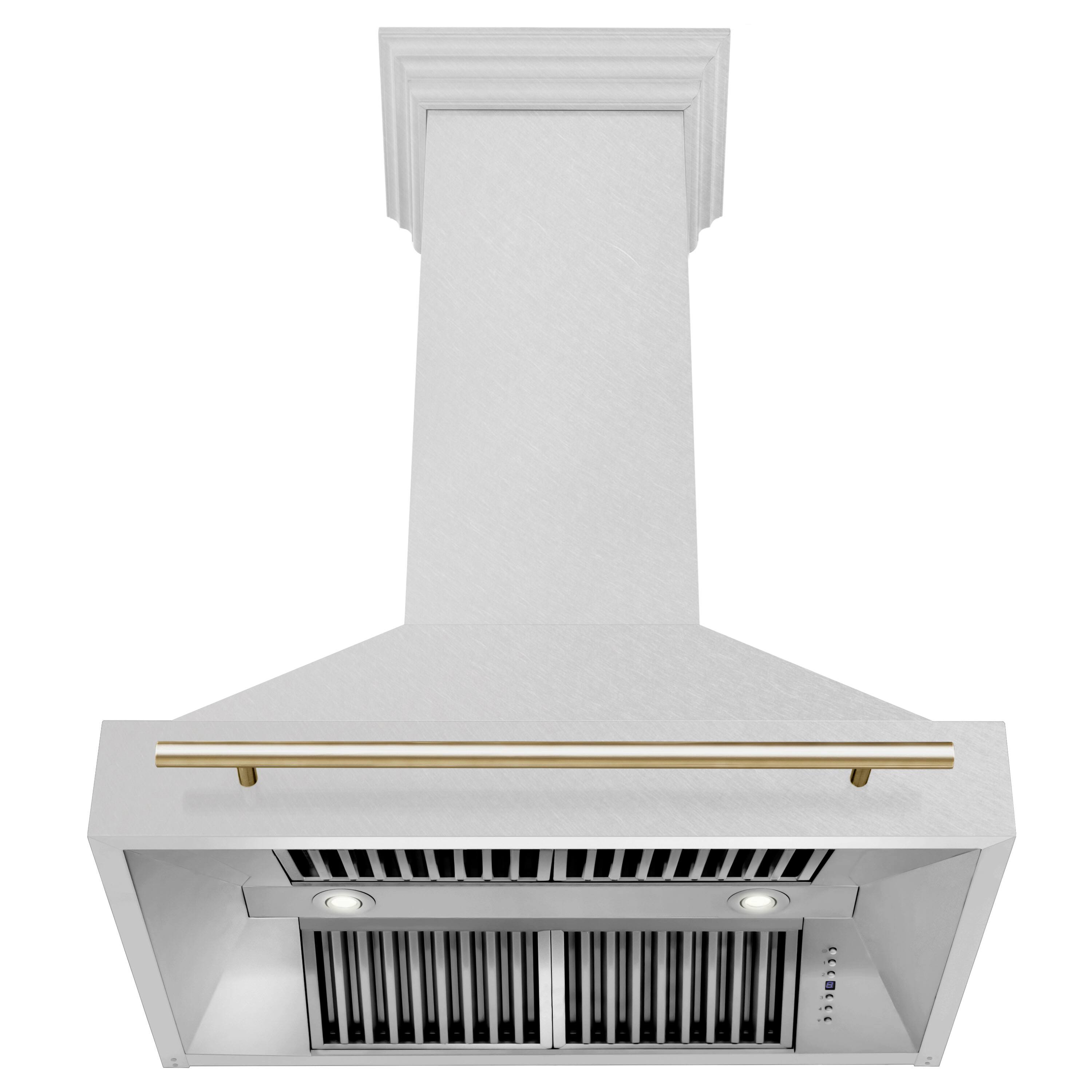 Back. ZLINE - ZLINE Autograph Edition 36 in. Satin Stainless Steel Wall Mount Range Hood with Polished Gold Handle (8654SNZ-36-G) - Satin Stainless Steel.