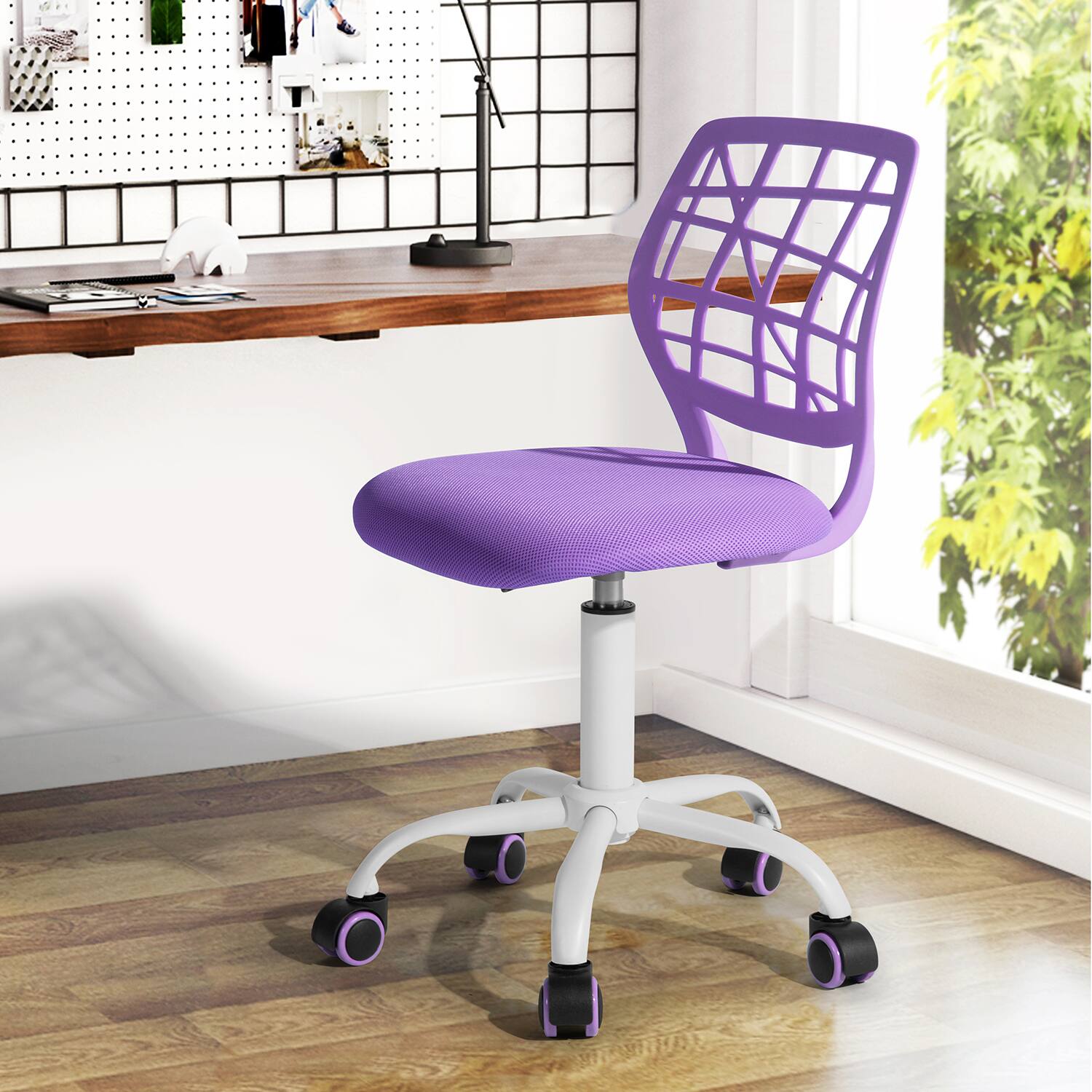 Angle. Spaco - Spaco Modern Kids Desk Chair, Armless Adjustable Swivel Study Chair with Soft Mesh Cushion, Plastic Low Back for Teens - Purple.