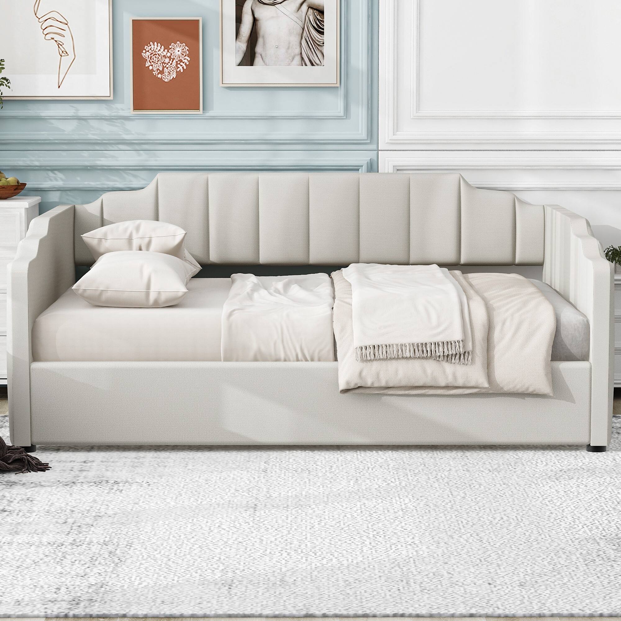 Angle. Whisen - Full Size Upholstered Daybed with Underneath Storage for Bedroom and Guest Room - Beige.