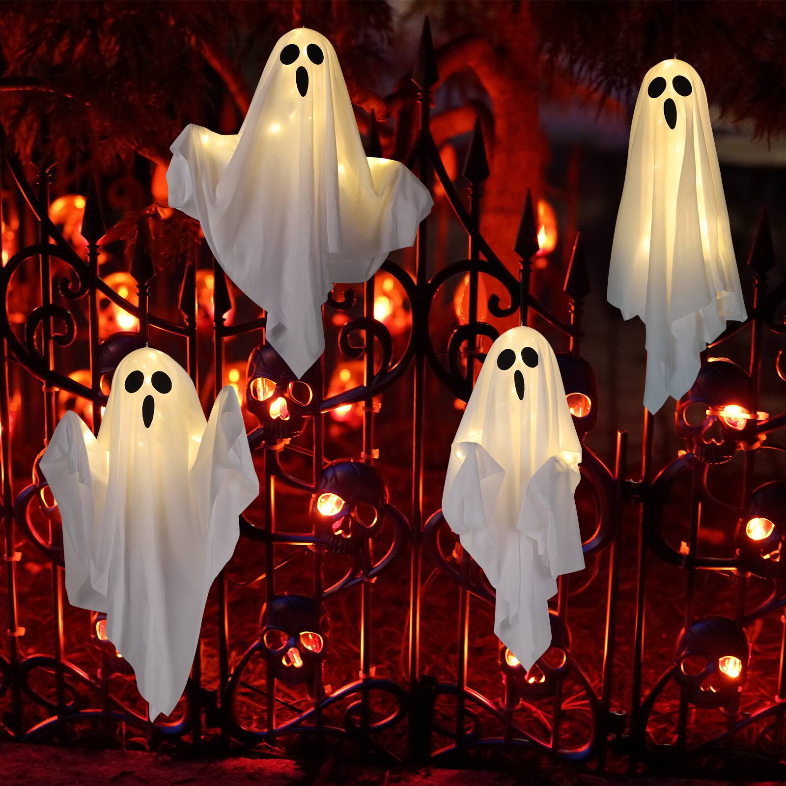Alt View 3. Oumilen - Lighted Hanging Ghost Halloween Decor – White Cloth Ghost with LED Lights & Bendable Arms.