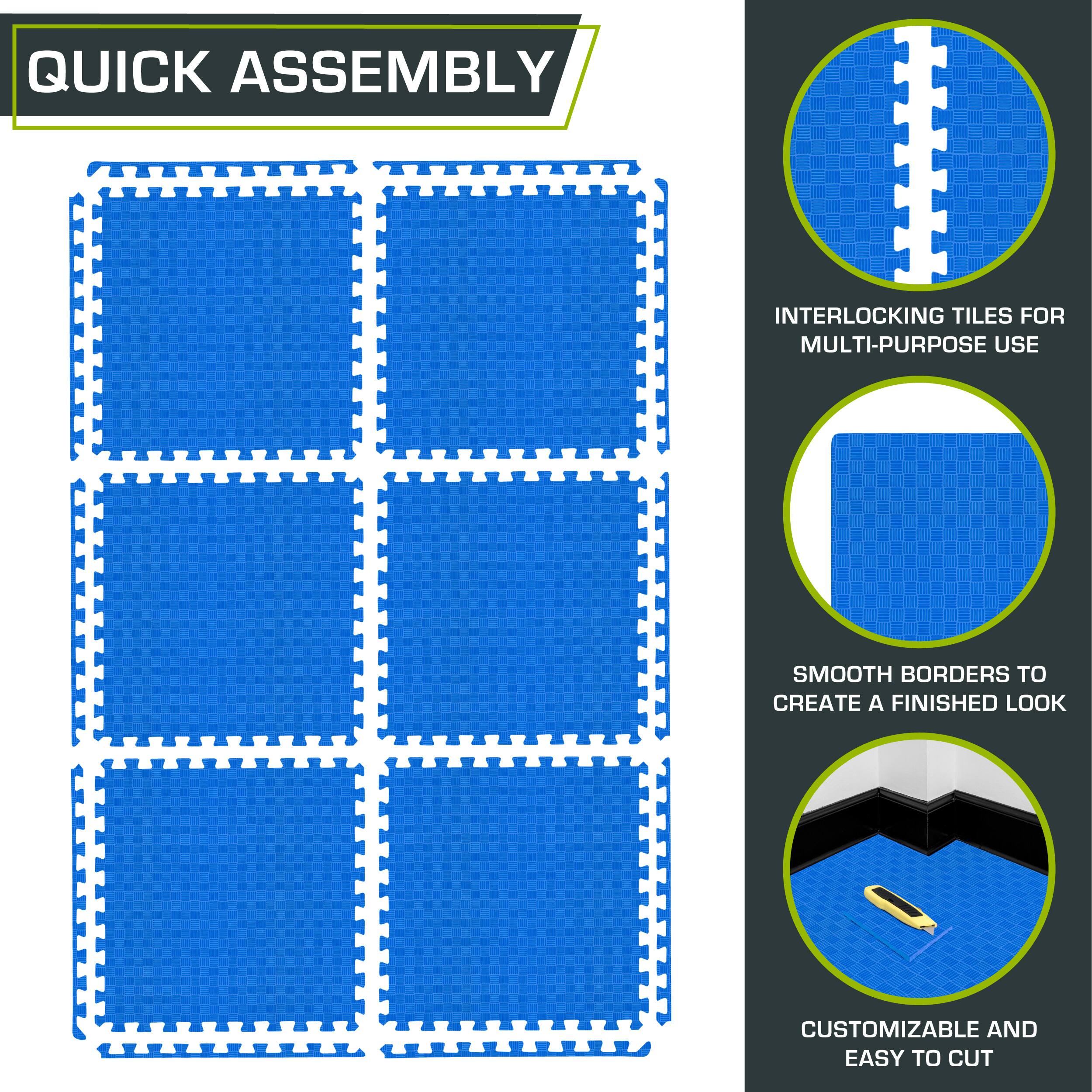 Quick Assembly Interlocking Tiles for Multi-Purpose Use. Create Smooth Customizable Finished Borders and Look. Easy to Cut.