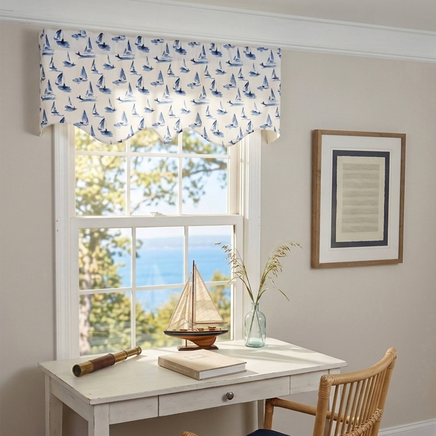 Angle. RLF Home - RLF Home 100% Cotton Sailboats Regal With Ivory Lining Rod Pocket Window Valance 50" x 17" Blue - Blue.