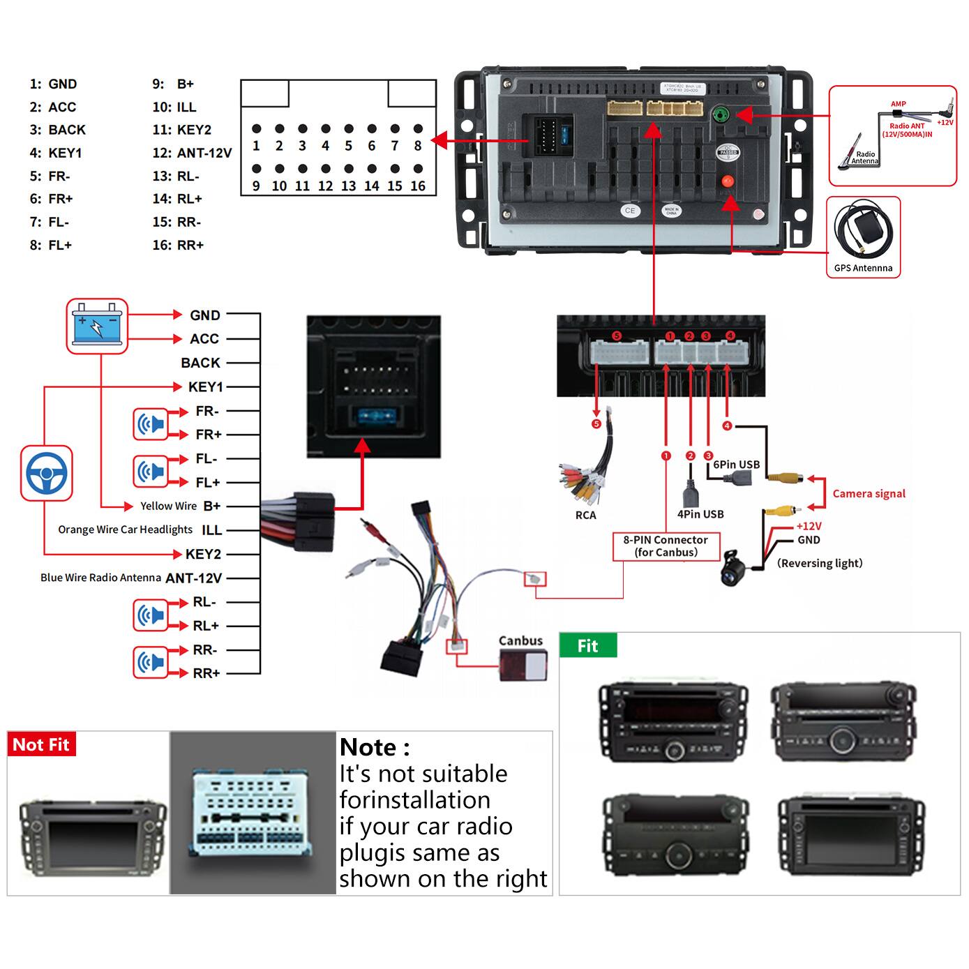 1: GND  
2: ACC  
3: BACK  
4: KEY1  
5: FR-  
6: FR+  
7: FL-  
8: FL+  
9: B+  
10: ILL  
11: KEY2  
12: ANT-12V  
13: RL-  
14: RL+  
15: RR-  
16: RR+  

Yellow Wire: GND  
Orange Wire: ACC  
Blue Wire: BACK  
Red Wire: KEY1  
Black Wire: FR-  
White Wire: FR+  
Green Wire: FL-  
Yellow Wire: FL+  
Orange Wire: ILL  
Blue Wire: KEY2  
Black Wire: ANT-12V  
Red Wire: RL-  
White Wire: RL+  
Green Wire: RR-  
Yellow Wire: RR+  

Note: It's not suitable for installation if your car radio plug is the same as shown on the right.