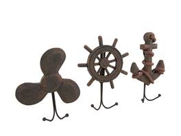 Zeckos - Set of 3 Weathered Finish Anchor Prop and Wheel Nautical Wall Hooks - Brown