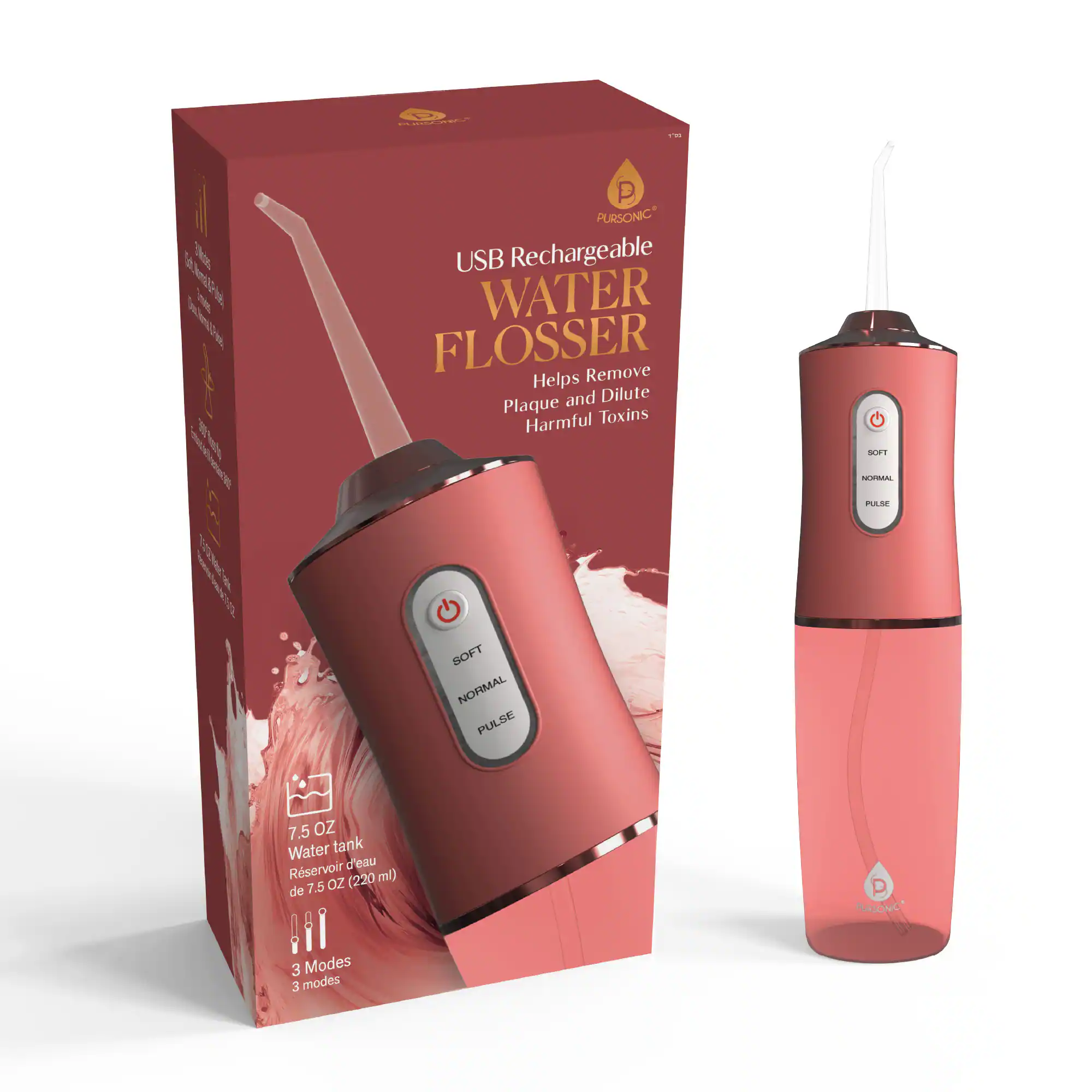 Pursonic - USB Rechargeable Water Flosser Helps Remove Plaque & Dilute Harmful Toxins - Pink