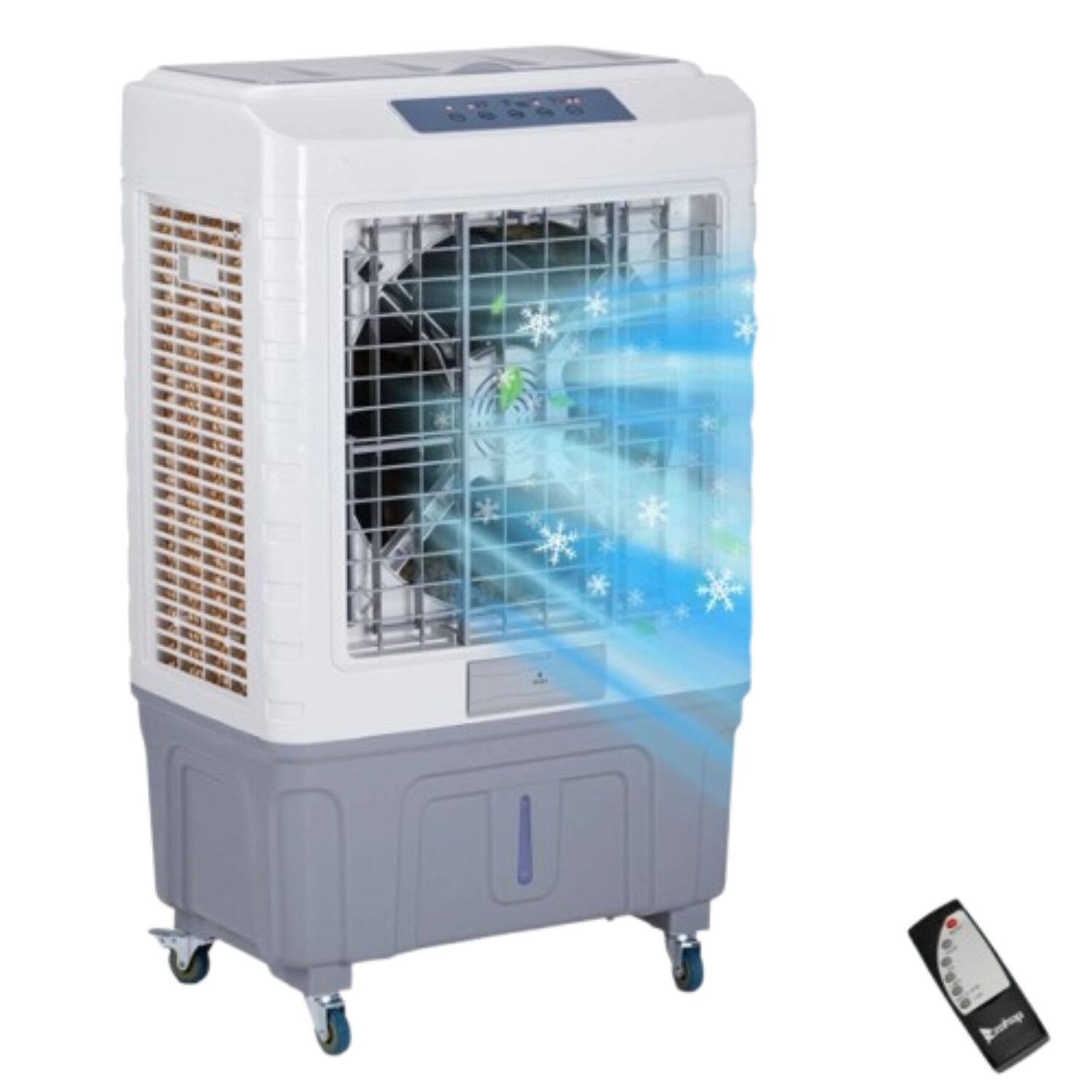Front. Stock Preferred - 3-in-1 Portable Evaporative Air Cooler with 13.2 Gal Tank, 4 Ice Packs, Remote & Casters - Gray and White.